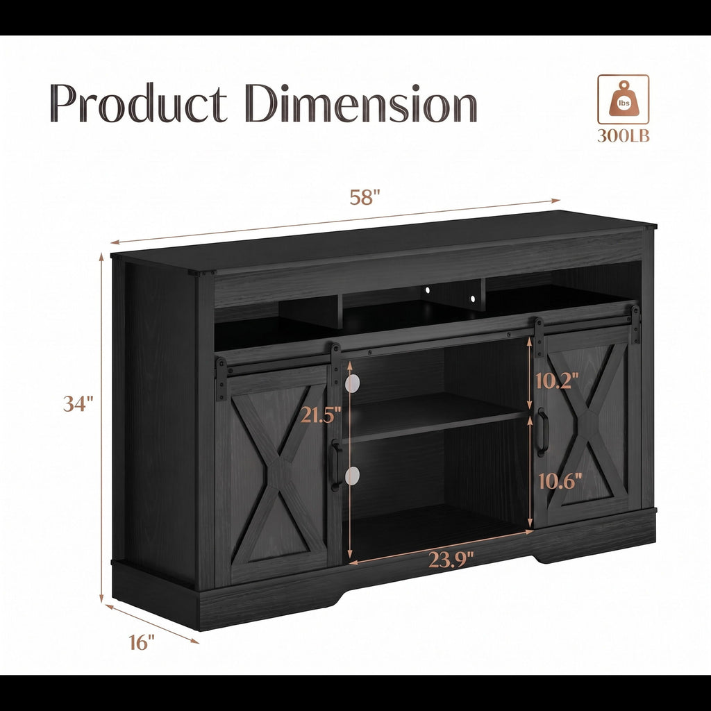 Farmhouse TV Stand With Sliding Barn Doors & Adjustable Storage