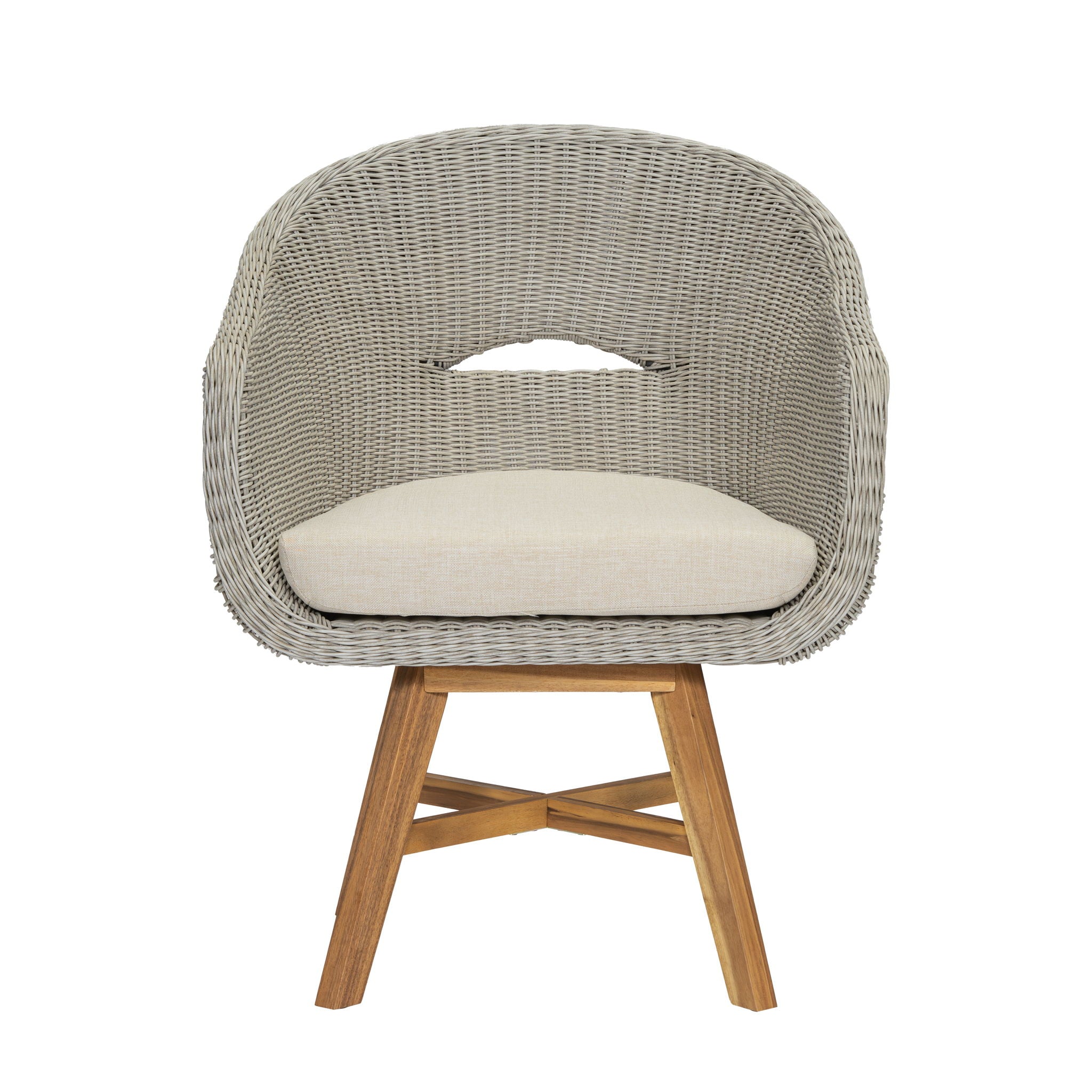 Modern Coastal Rattan Dining Chairs, (Set of 2), Solid Wood Legs - Beige