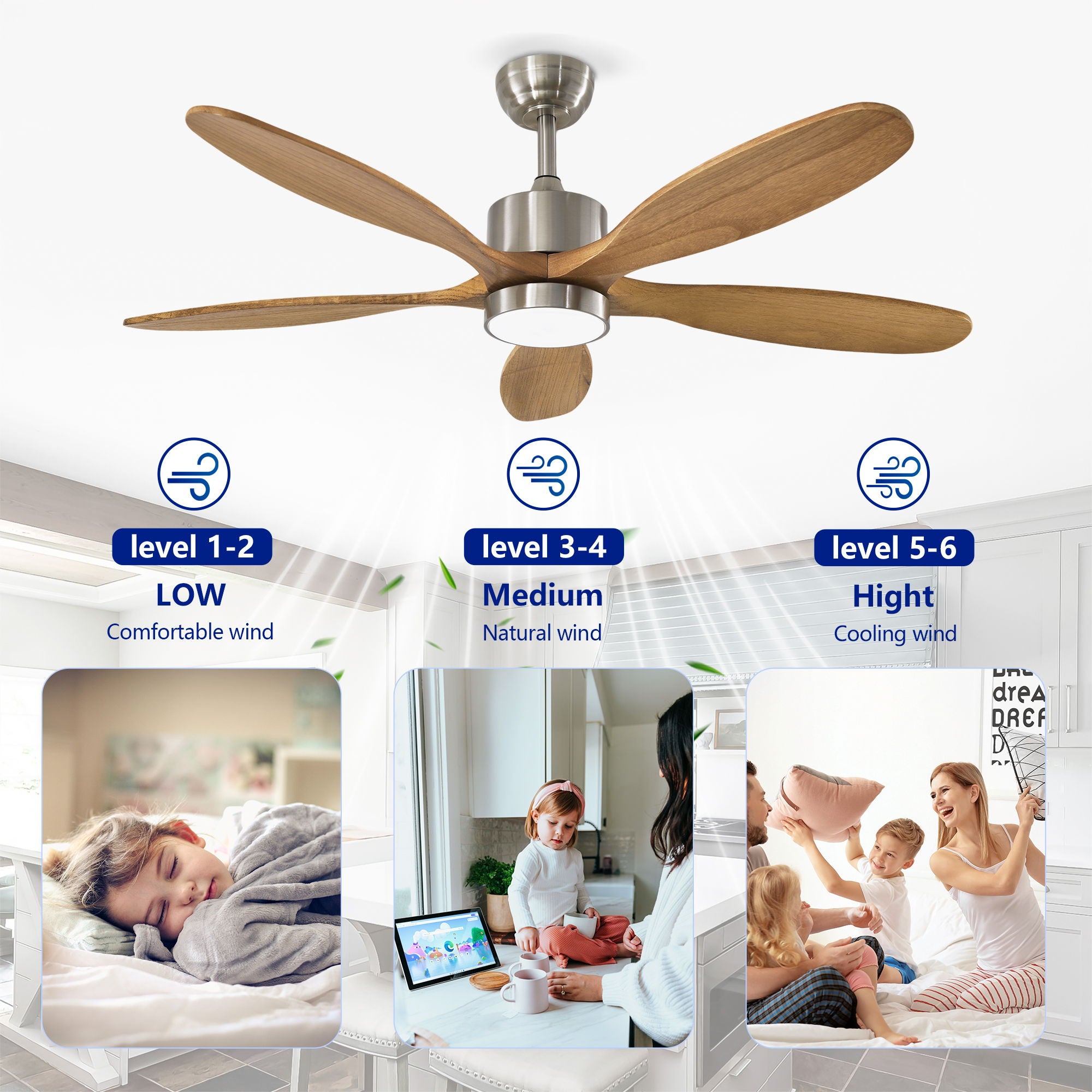 Ceiling Fan With Lights Quiet DC Motor Ceiling Fans 6 Speed Levels - Nickel