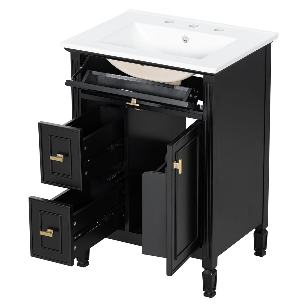Bathroom Vanity With Sink, Flip Drawer, 2 Drawers, Adjustable Shelf