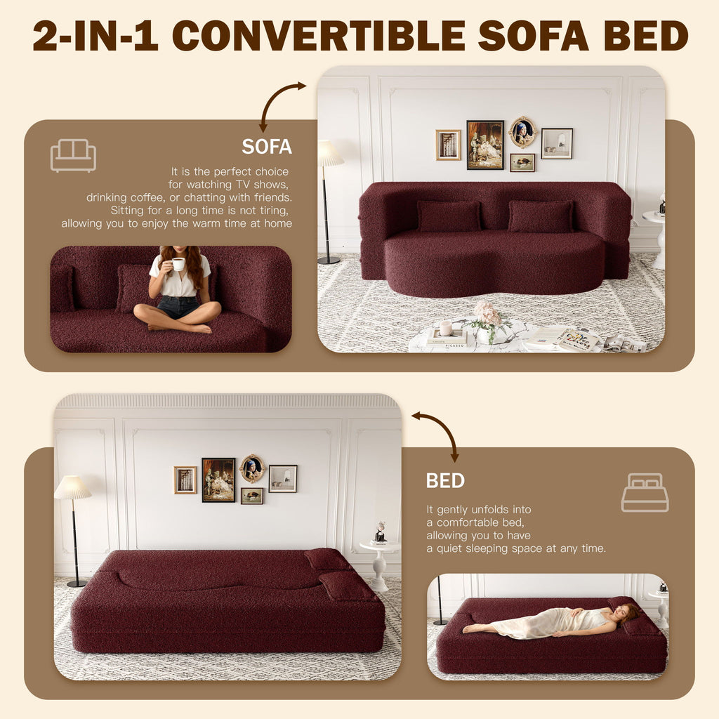 Modern Floor Sleeper Sofa Bed With 2 Pillows, Convertible Twin Size Folding Mattress For Living Room