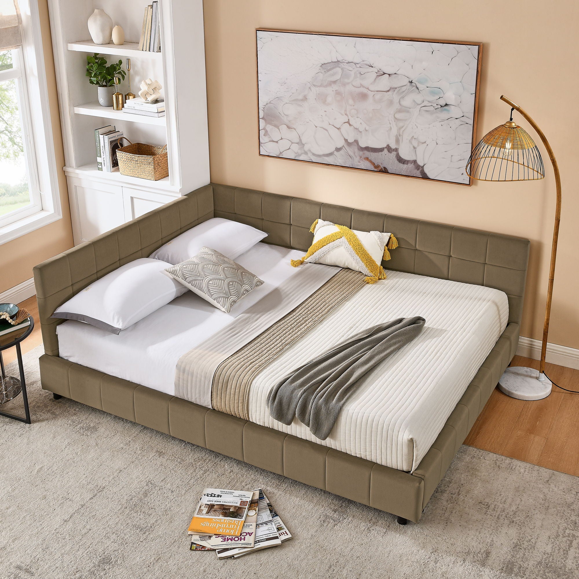 Storage Upholstered Tufted Bed Frame With Backrest And Armrests