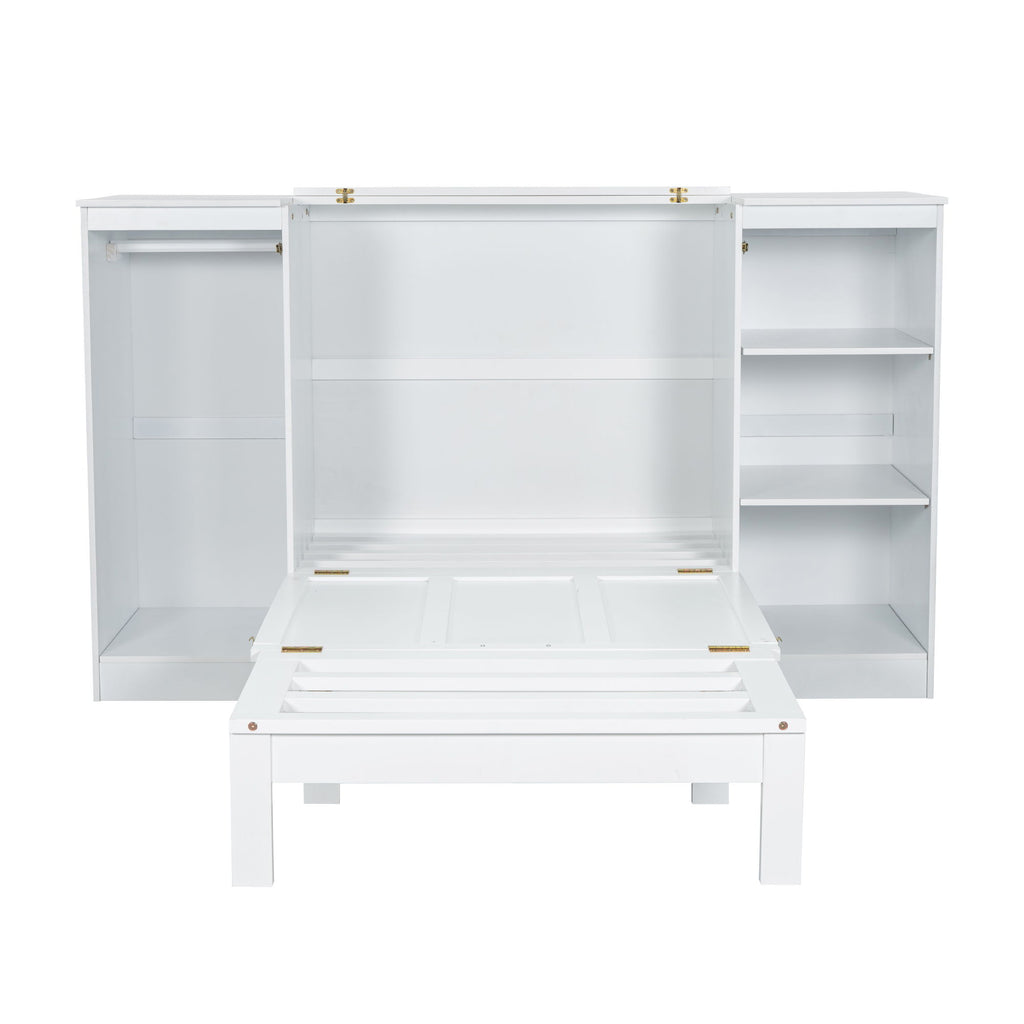 Twin Size Murphy Bed With Bedside Shelves And Wardrobe - White