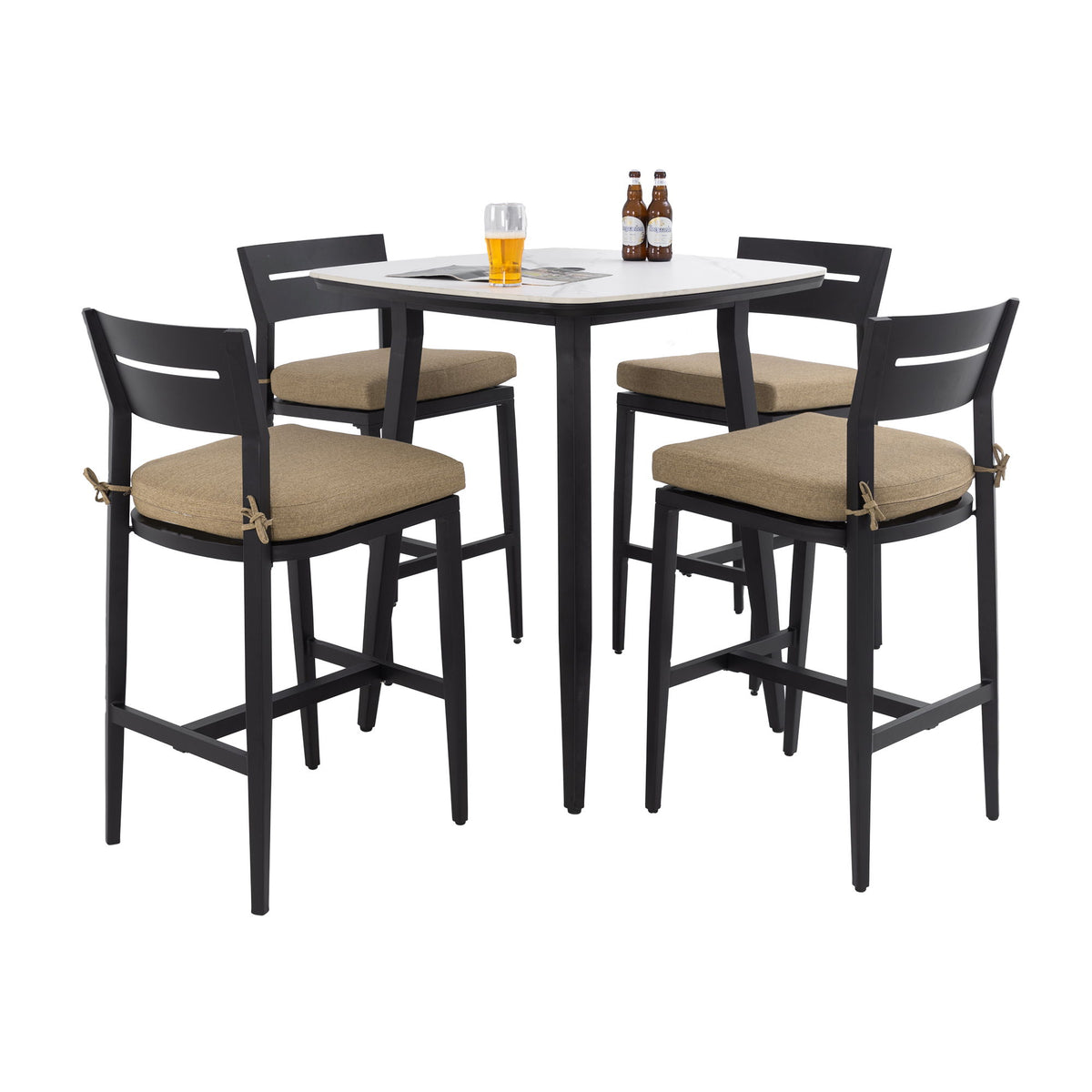 5 Pieces Outdoor Patio Bar Set, Rounded Square Table & 4 Aluminum Bar Stools