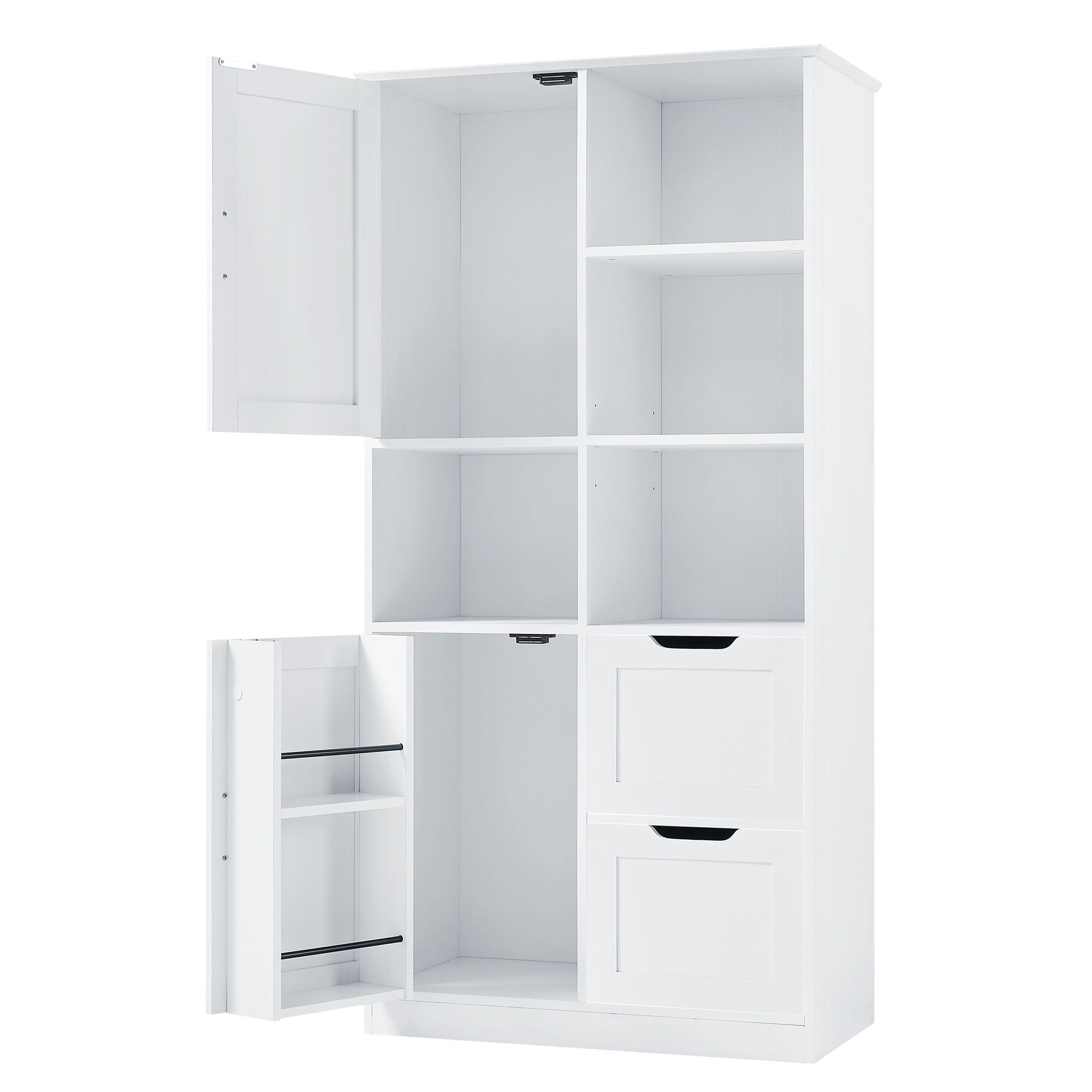 Freestanding Bathroom Storage Cabinet With Doors And Drawers, Adjustable Shelf, Open Shelves - White