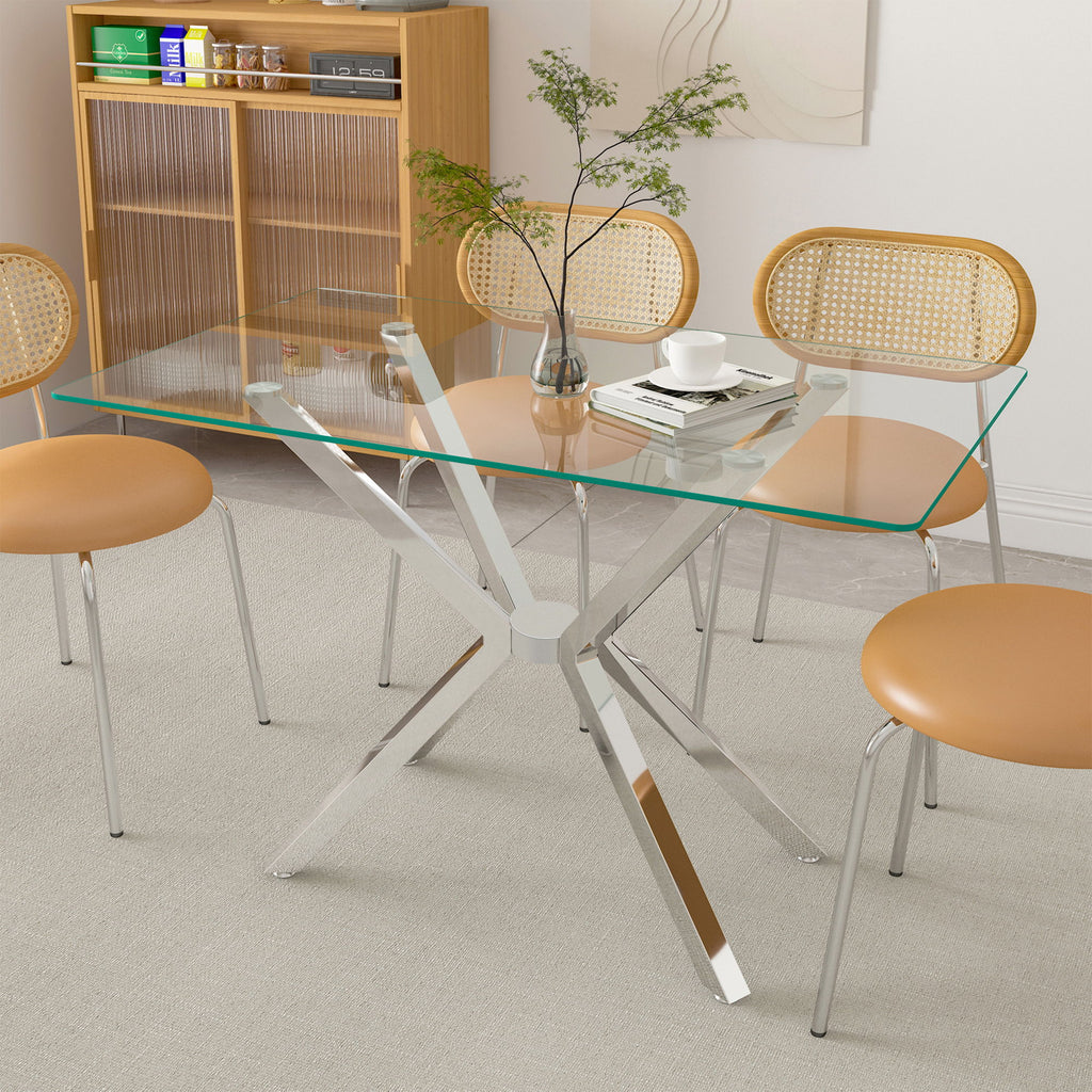 Rectangular Clear Tempered Glass Dining Table, Stylish Design With Plated Metal Legs