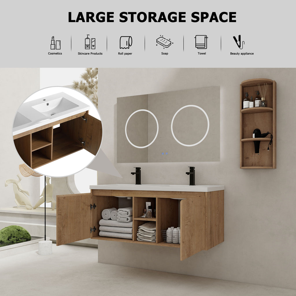 48" Wall Mounted Bathroom Vanity With Double Resin Sink And Storage Rack Soft Close Doors - Imitative Oak