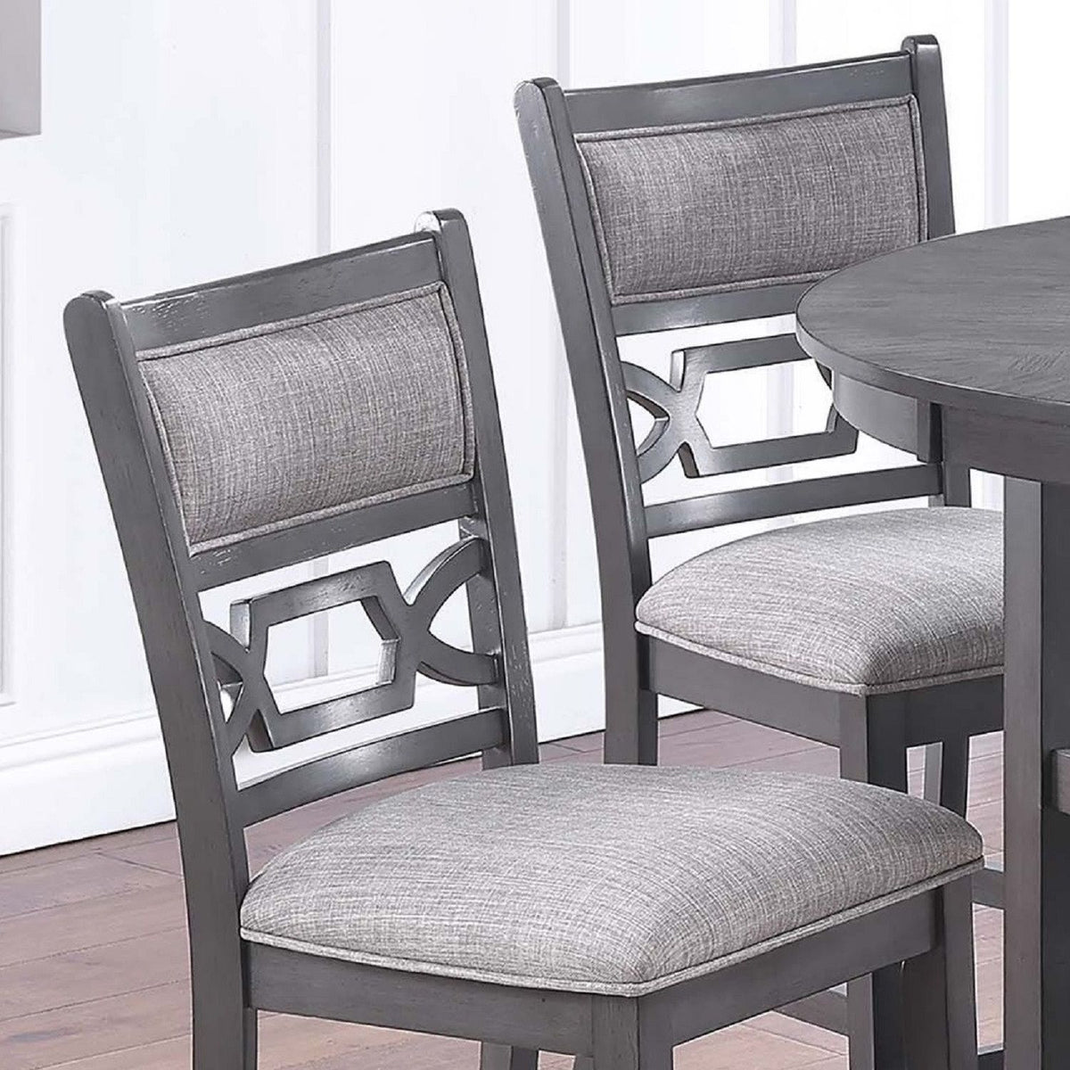5 Piece Counter Height Dining Set With Storage Shelves Round Table And Upholstered High Chairs - Gray