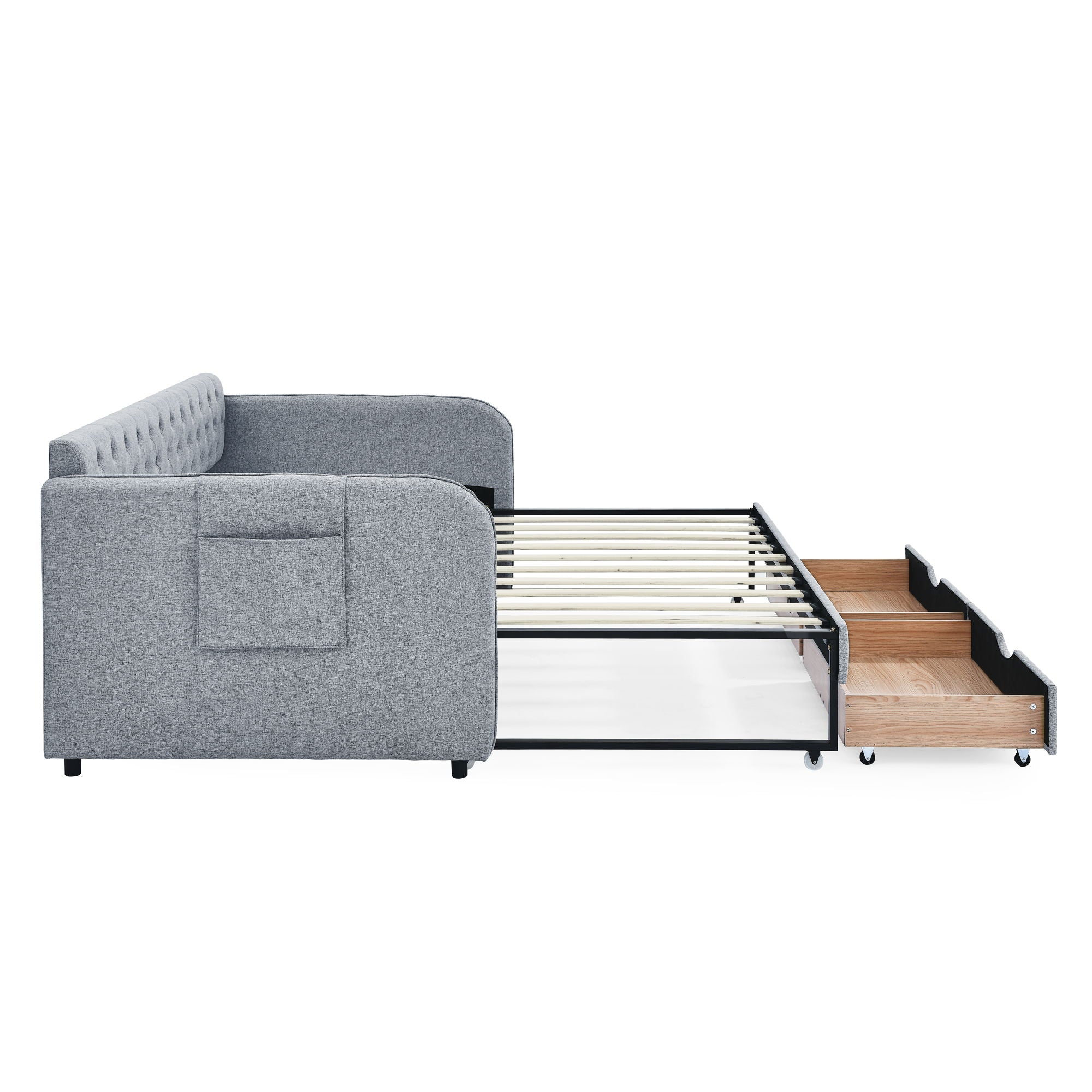 Daybed With Trundle And Storage Drawers, Flat Arms With Pocket