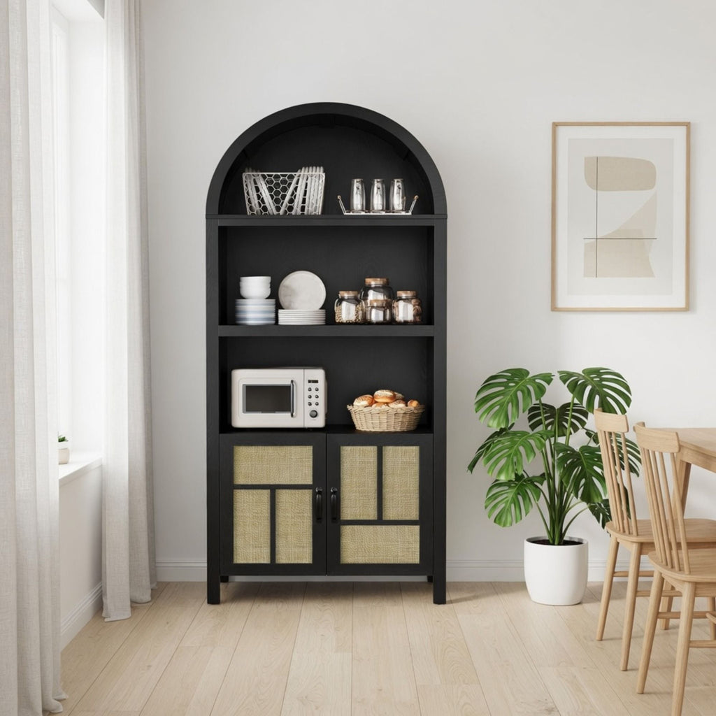 Arched Pantry Cabinet With Adjustable Storage & Doors - Black