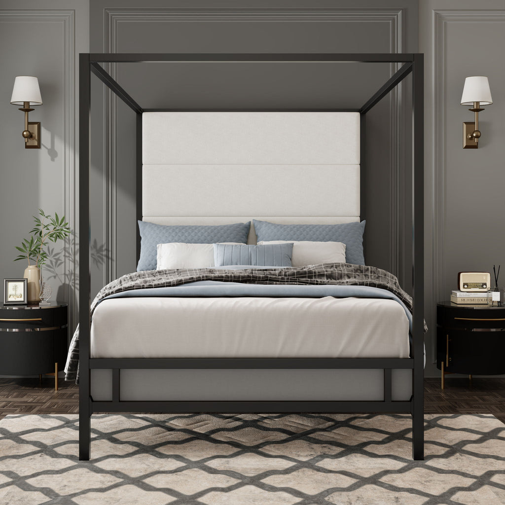 Canopy Bed With Tall Upholstered Headboard, 4 Poster Frame