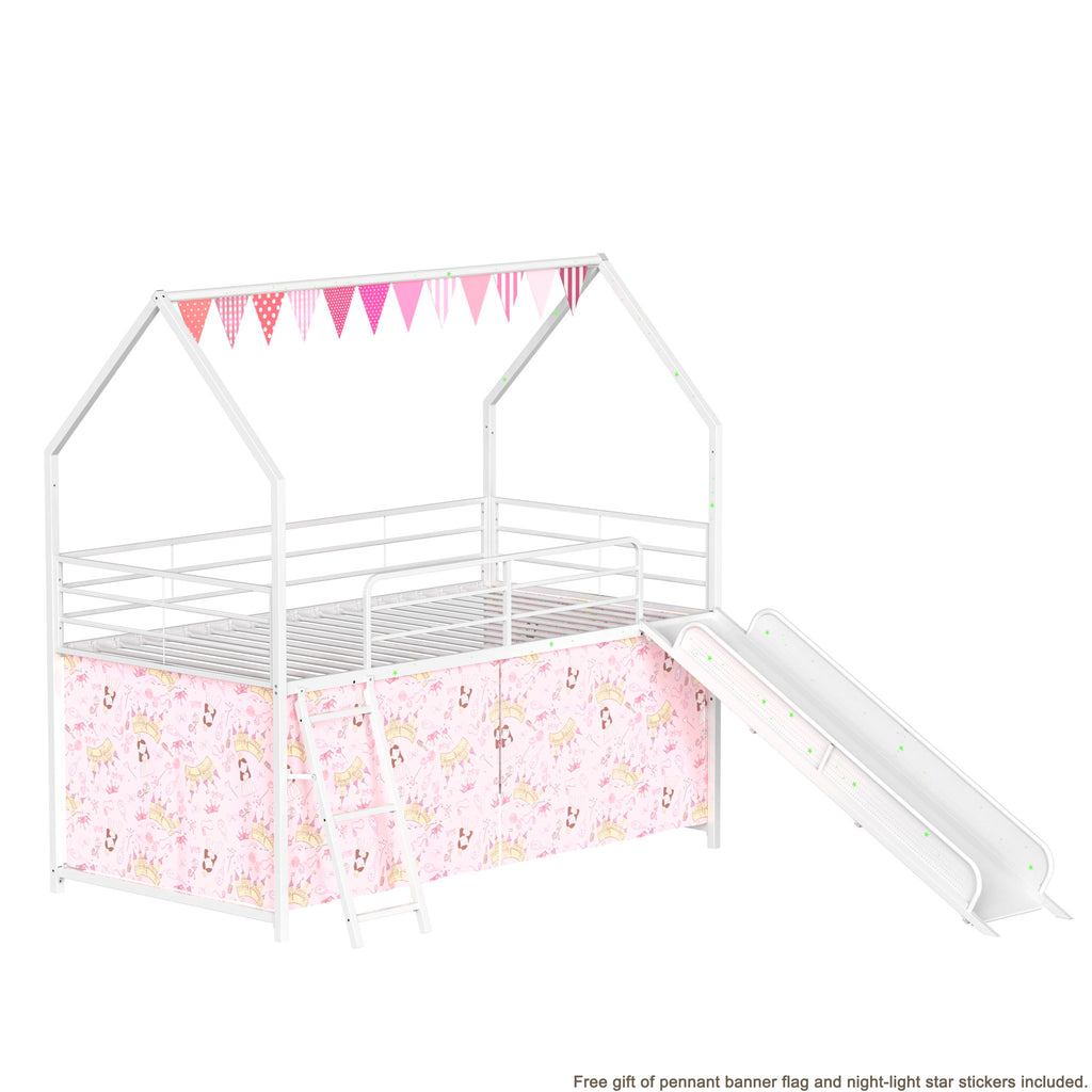 Jack - House Loft Bed With Slide And Curtain Set
