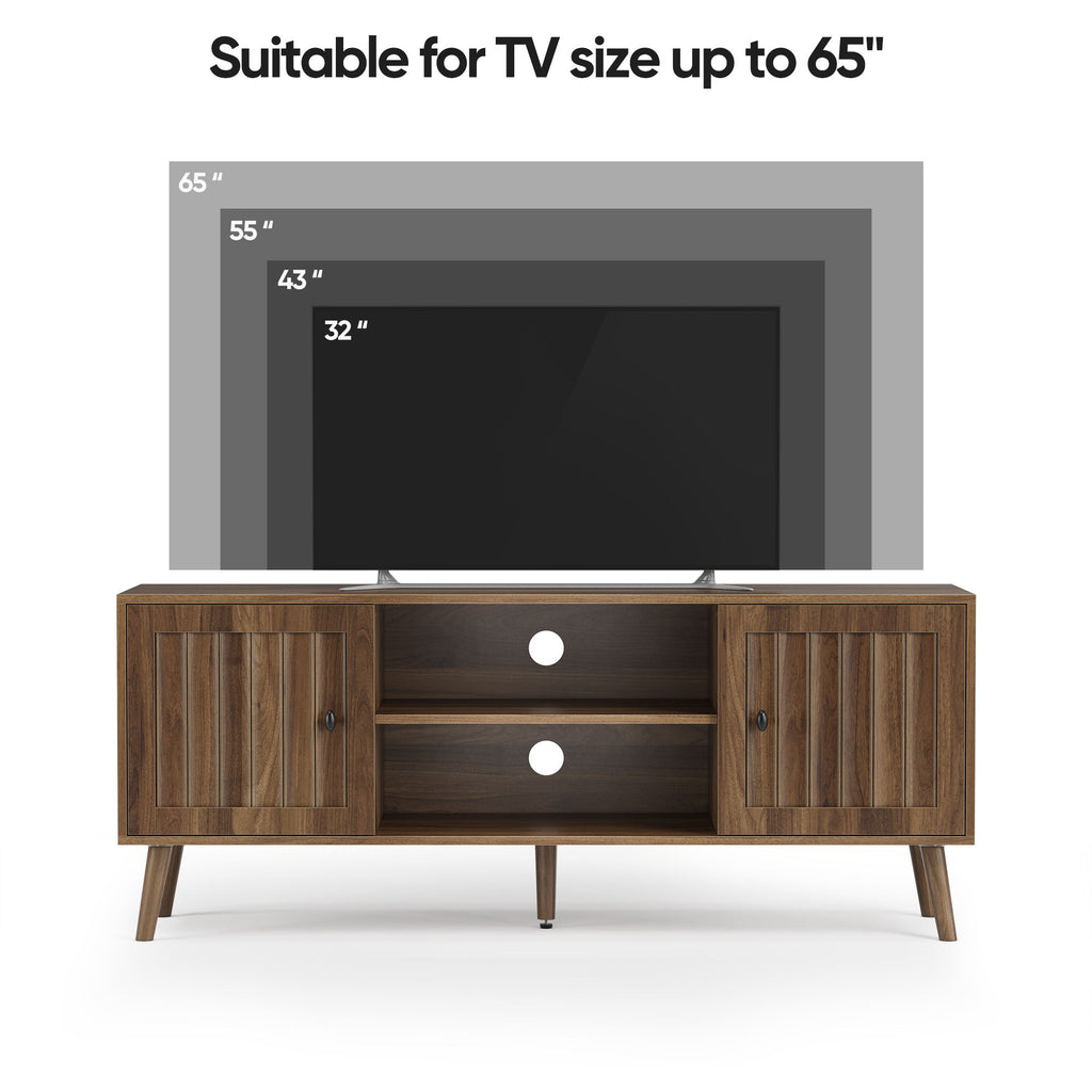 55" TV Cabinet With Vertical Groove Doors, Adjustable Shelves - Walnut