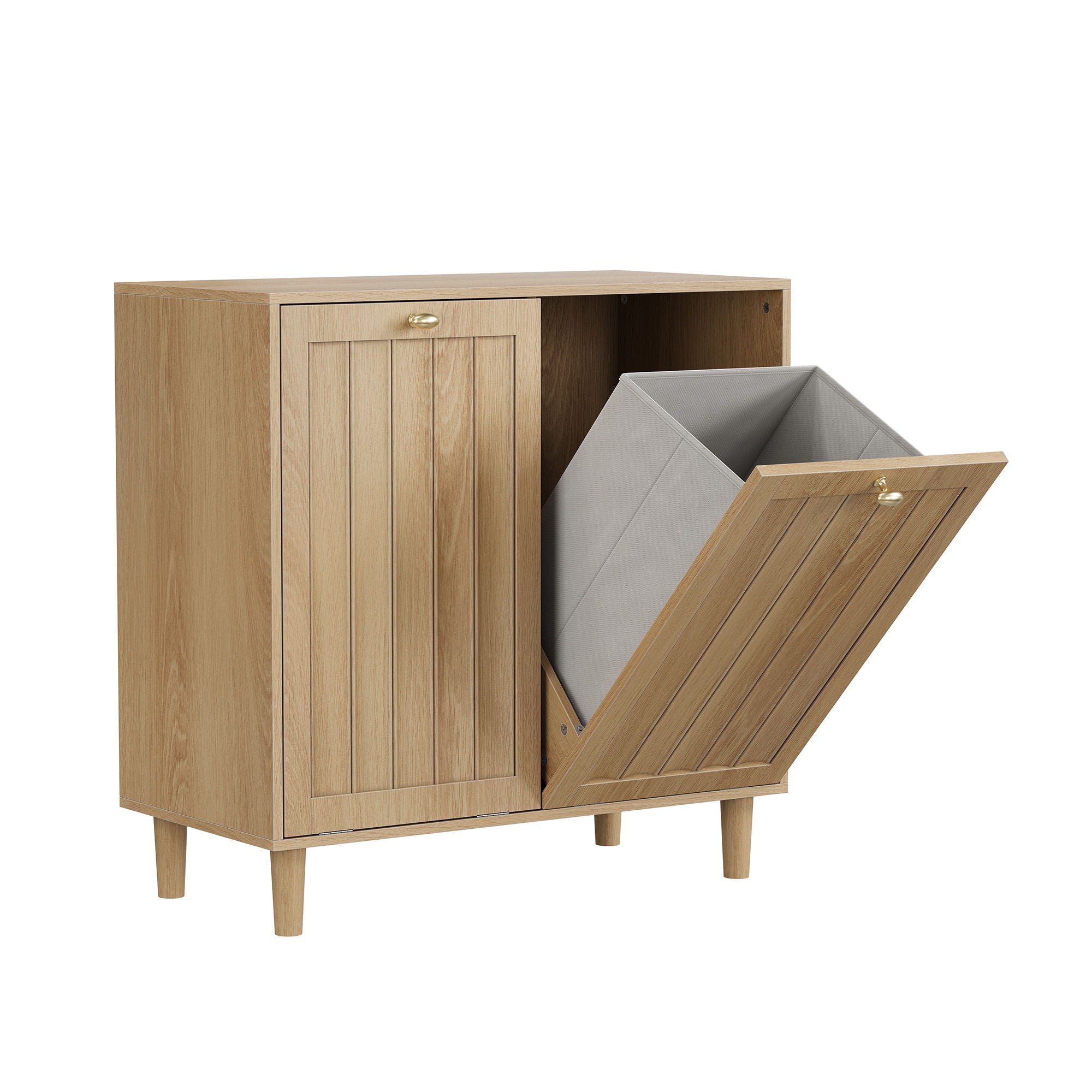Sloping Laundry Basket With Removable Inner Bin, Concealed Storage Cabinet For Bathroom - Oak