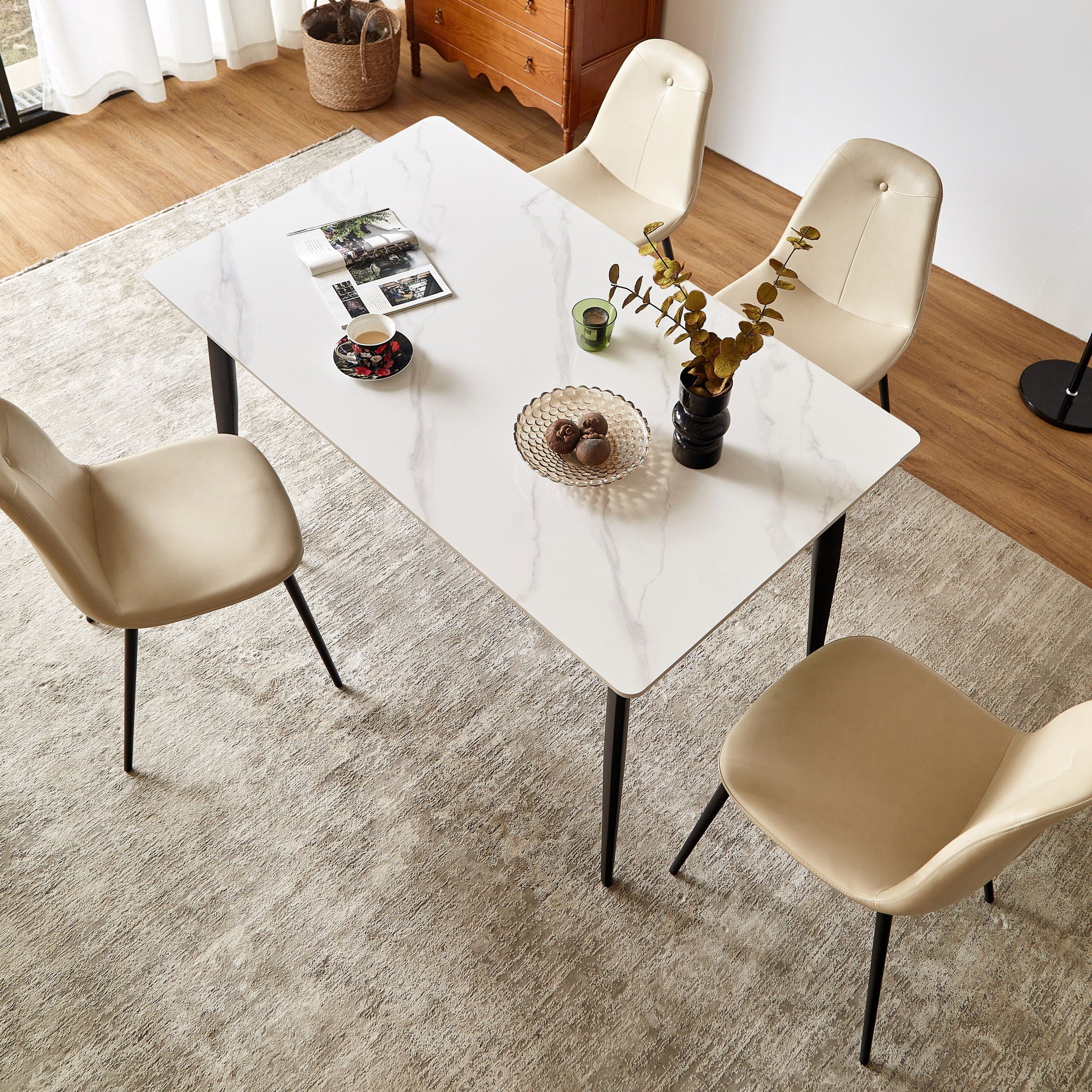 Dining Table Round White Sintered Stone Top Heavy Duty Metal Legs Waterproof Surface For Kitchen Dining Room Or Office Furniture - White / Black