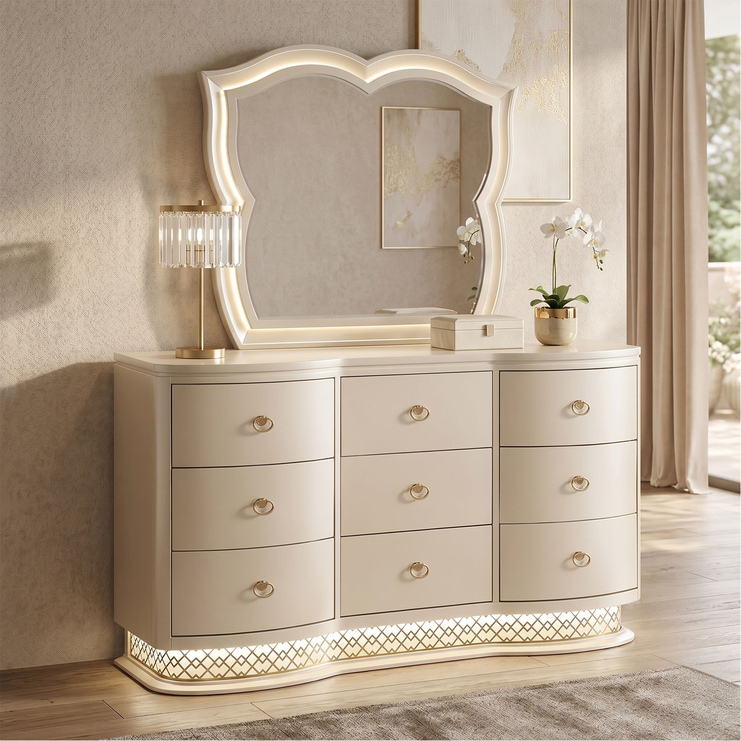 Flora - 9 Drawer Dresser With LED - Champagne