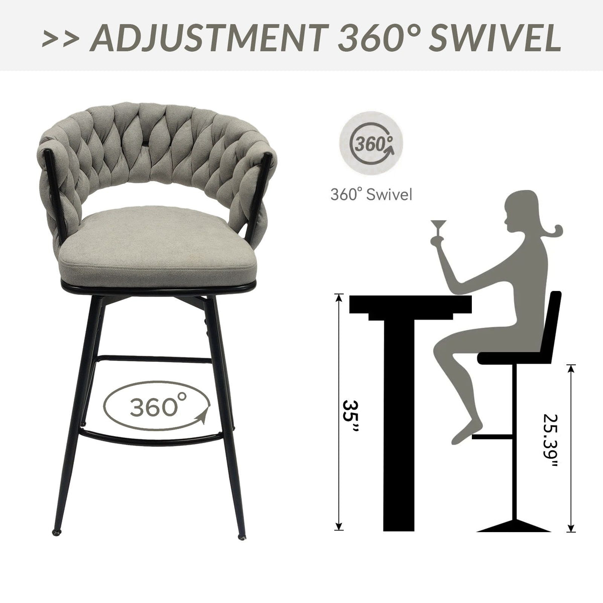 28" Bar Chair Linen Woven Bar Stool (Set of 2) Upholstered With Legs, 360 Swivel, Counter Arm Chairs With Back Footrest - Gray