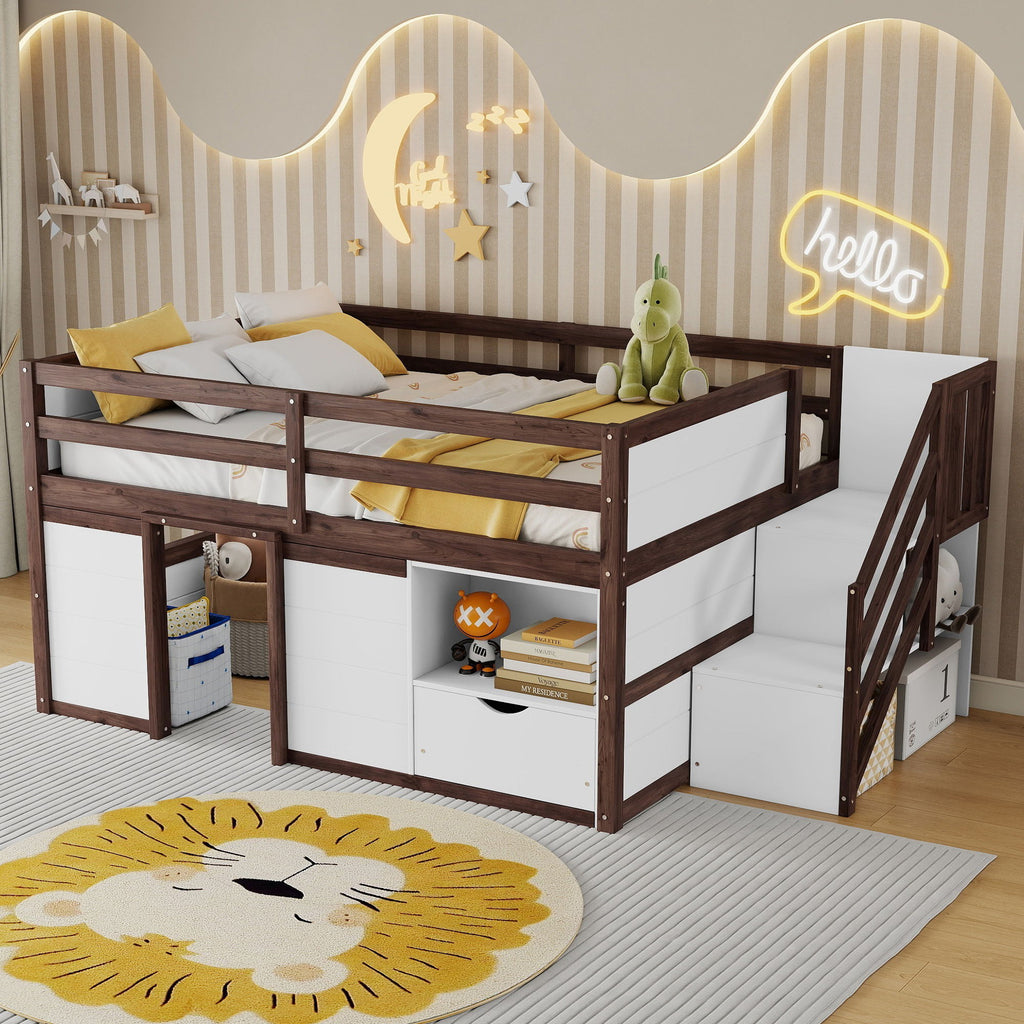 Low Loft Bed Frame With Built In Stairs, Storage Drawer, Shelf And 7 Color LED Light