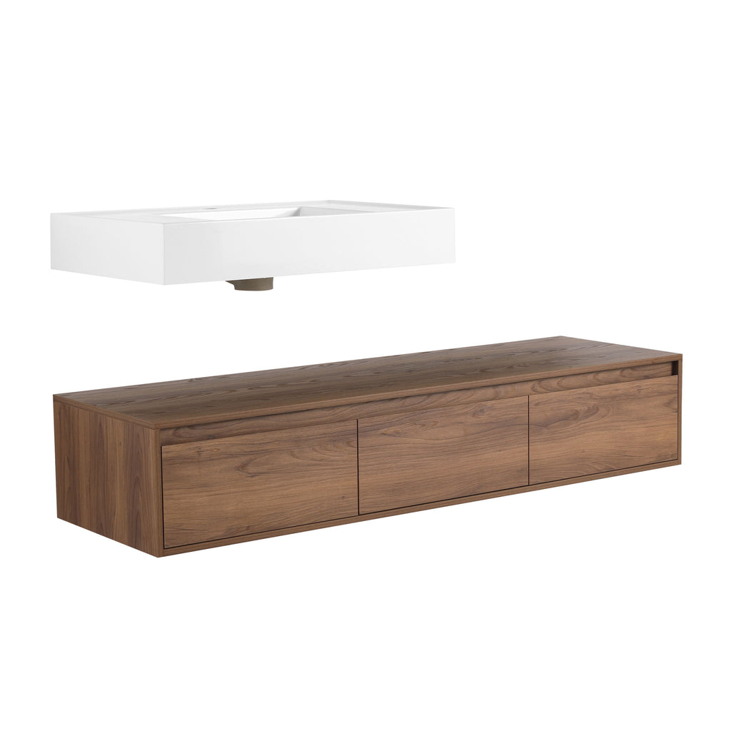 Modern Wall Mounted Bathroom Vanity With Resin Sink And Soft Close Drawer - Brown Ebony