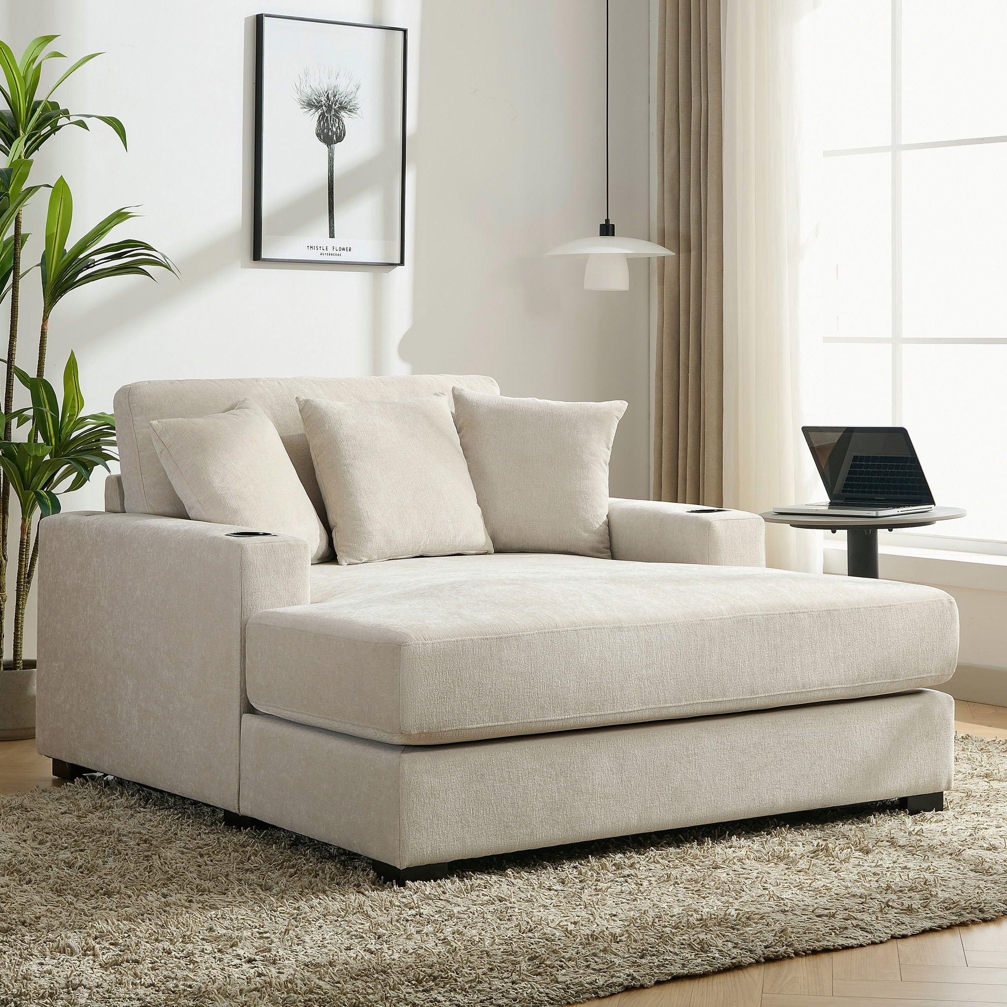 Oversized Chaise Lounger Modern Style Sofa Couch With Pillows, Charge Station & Cup Holders