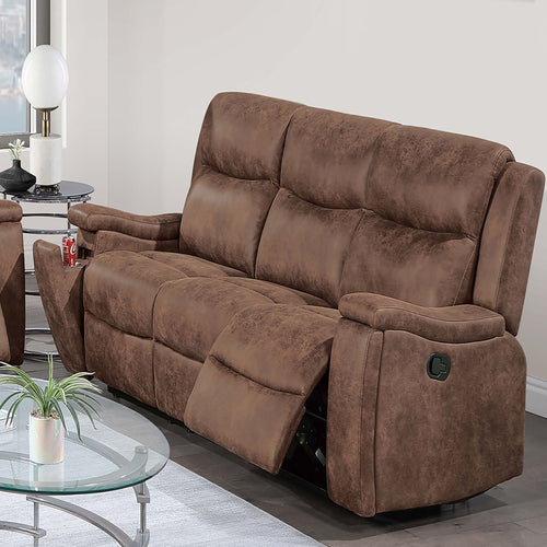 1 Piece Manual Motion Sofa Console Loveseat With Plush Back Cushion And Hidden Cup Holder - Walnut