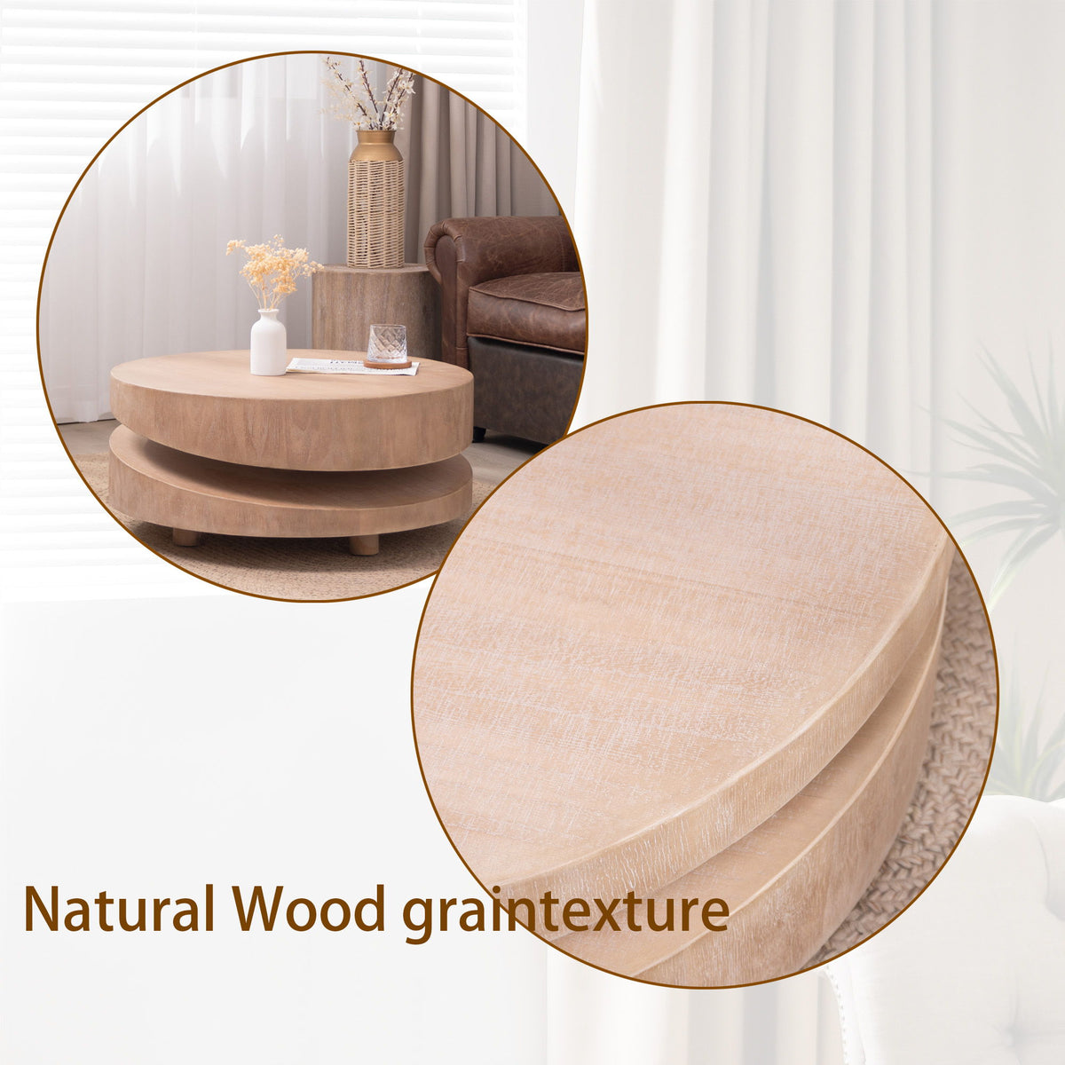 Modern Round Wood Coffee Table, Accent Table For Living Room - Antique Natural / Natural / Rustic
