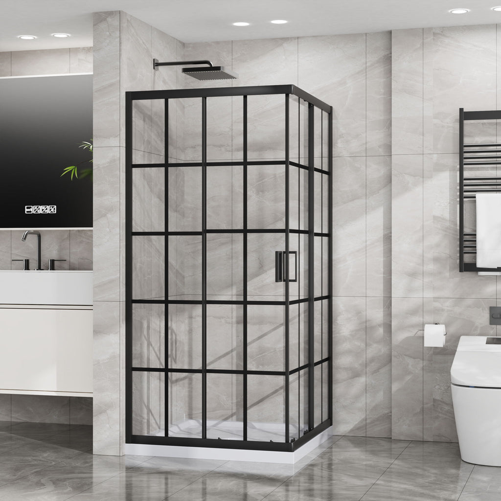 Corner Shower Door, Shower Enclosure With Dual Sliding Doors - Matte Black
