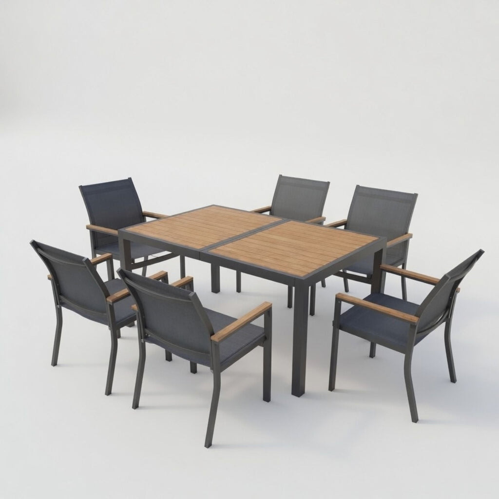 7 Piece Gray Aluminum Patio Dining Set With Textilene Chairs For Outdoor Living Frame With Accents, 59" Rectangle Table, All Weather Durable