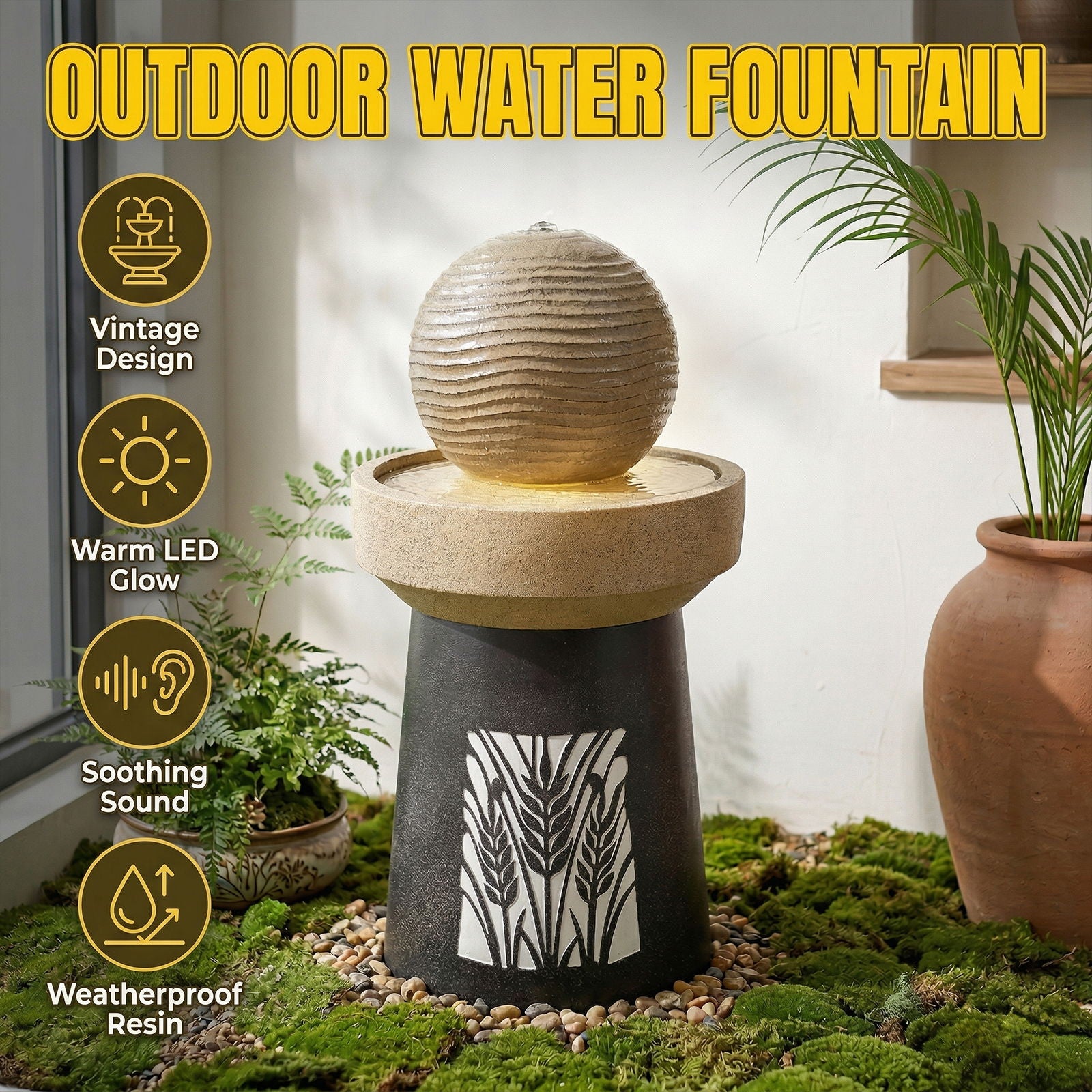 Outdoor Water Fountain, Warm LED Light - Brown