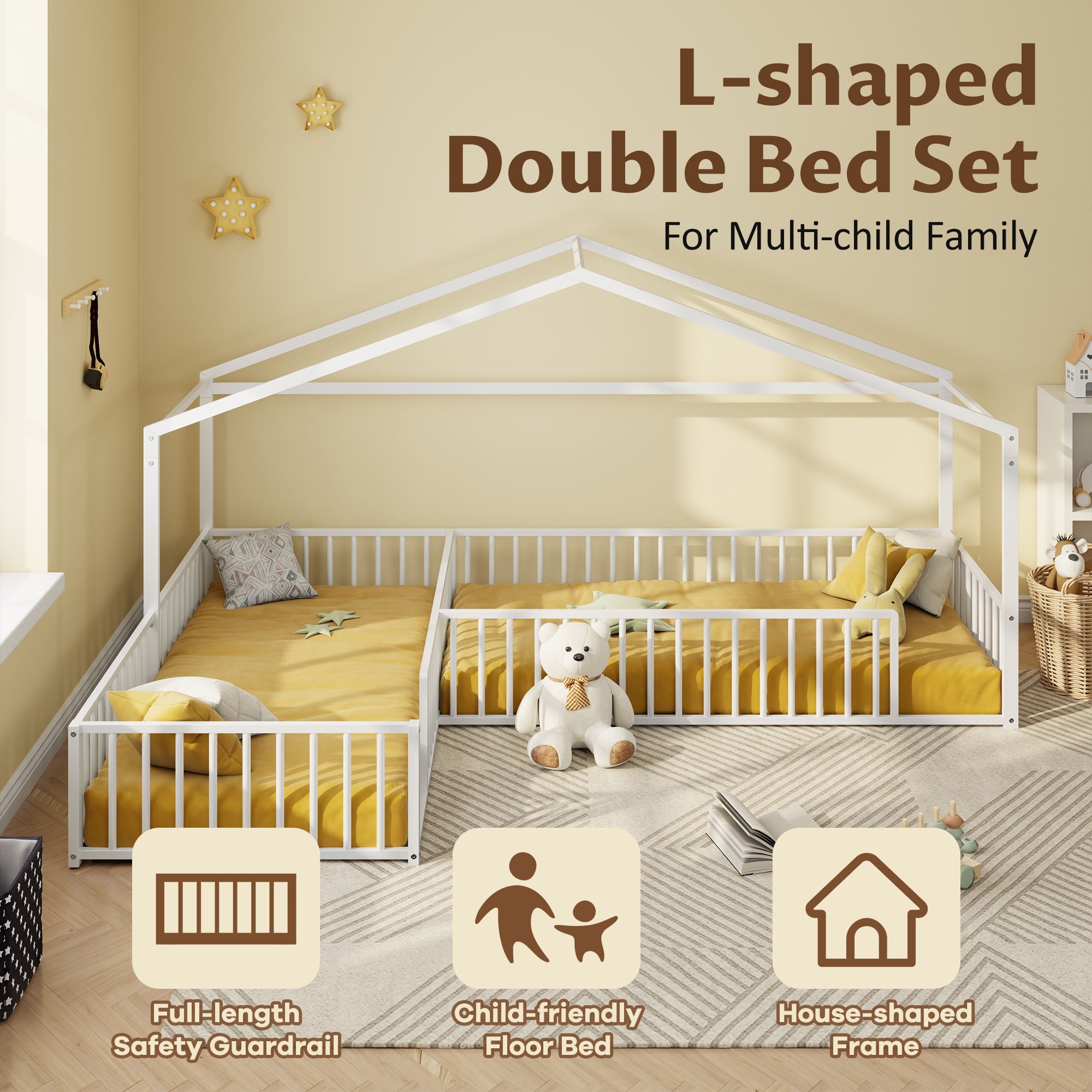 L-Shaped Montessori Bed For 2 Kids With Partitioned Fence