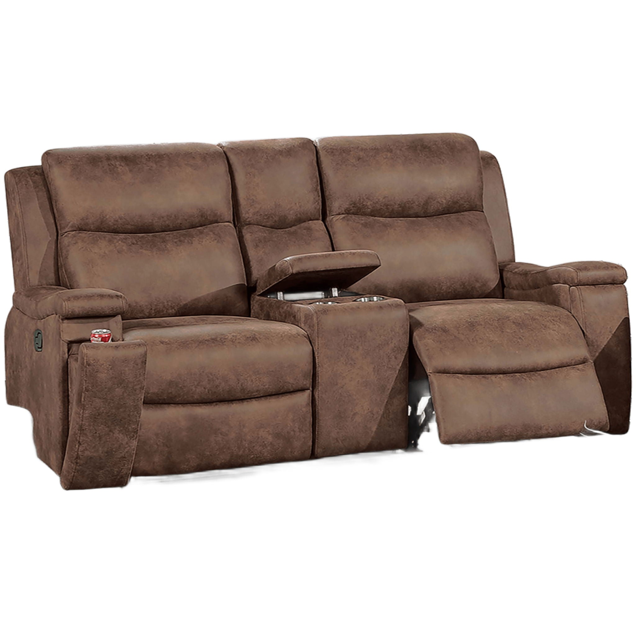 1 Piece Manual Motion Loveseat Hidden Cup Holder Console With Plush Back Cushion For Living Room - Walnut