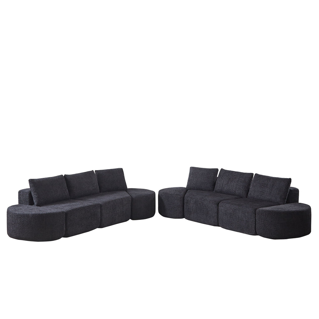 Modular Sectional Sofa With 6 Pillows And 4 Curved Footstools For Living Rooms - Black