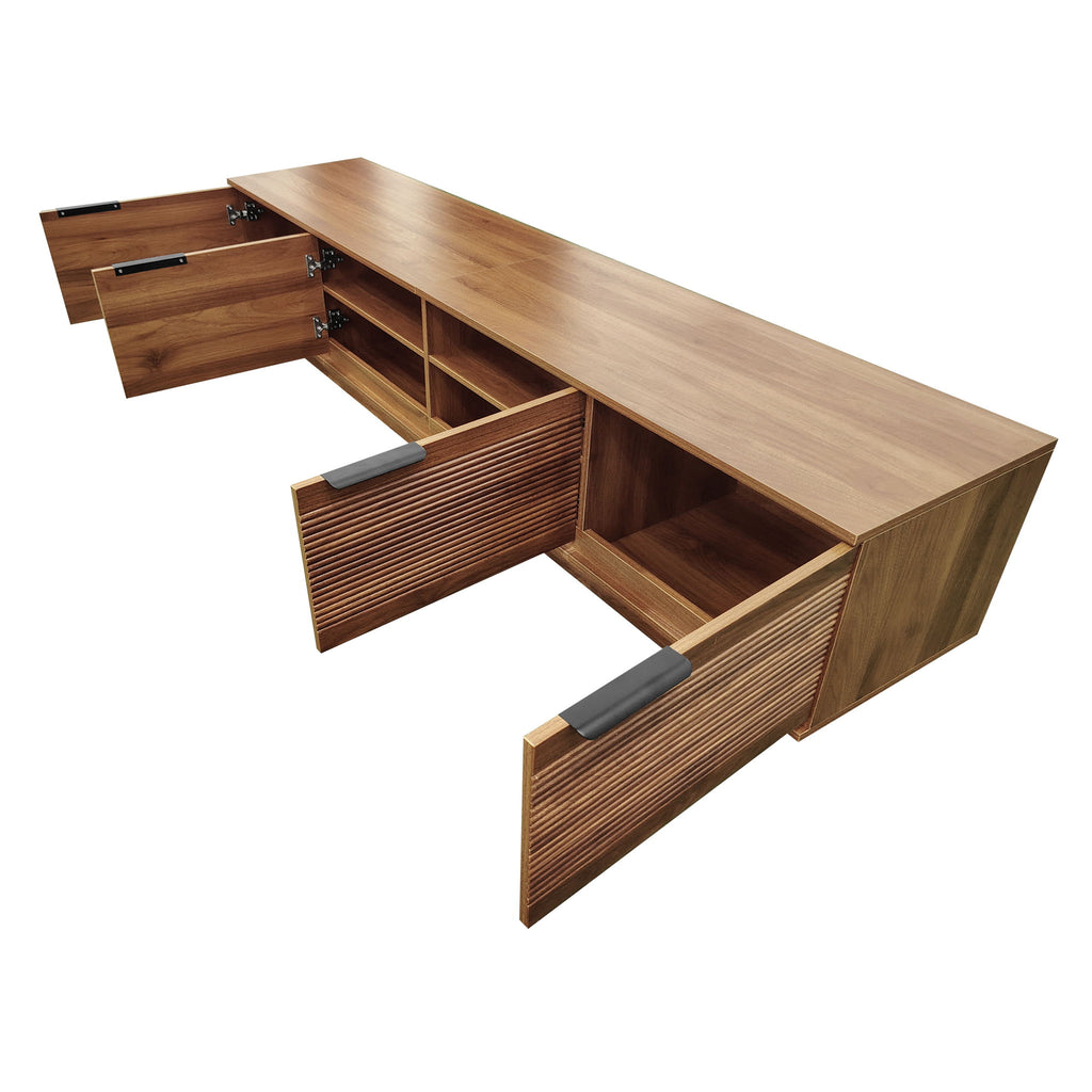 TV Stand, Entertainment Center With Fluted Door & Cable Management, Soft Closing Hinges - Walnut