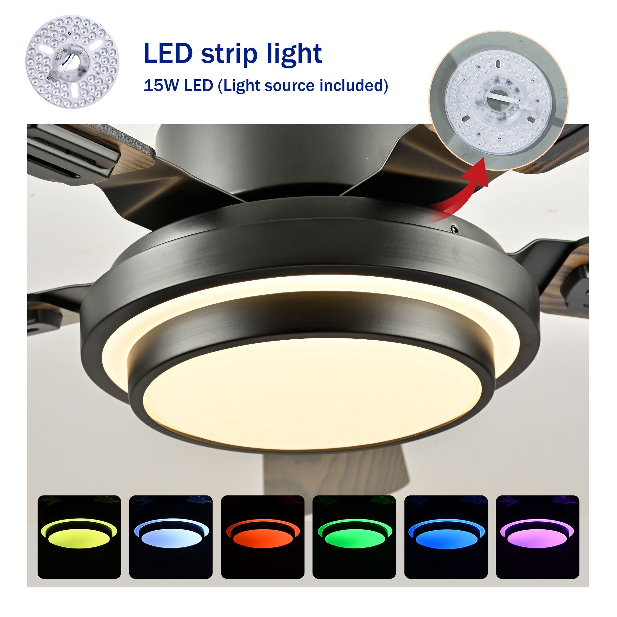 5 Blades Ceiling Fan With LED Light 3000 - 6500K Dimmable, 6 Speed Levels, Reversible Ceiling Fan - Matte Black