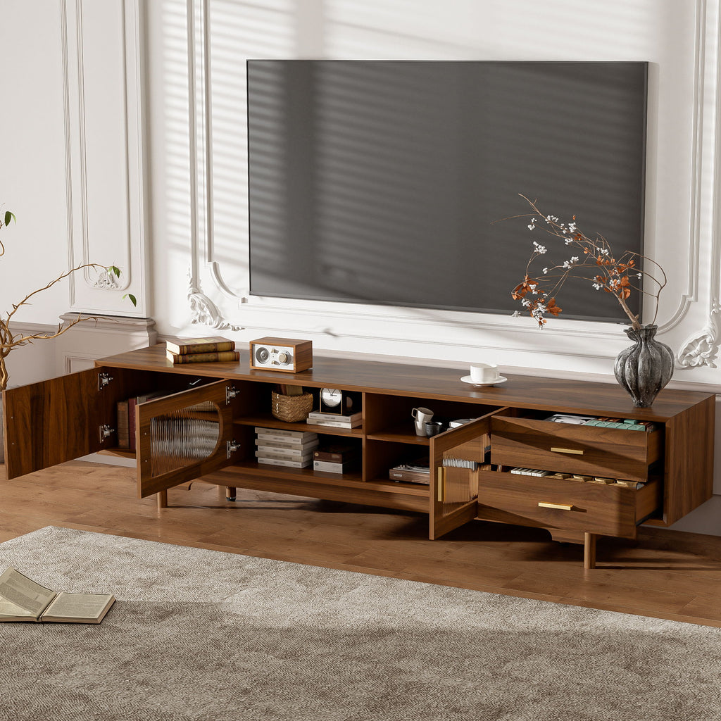 Modern TV Stand With Fluted Glass Doors & 2 Drawers