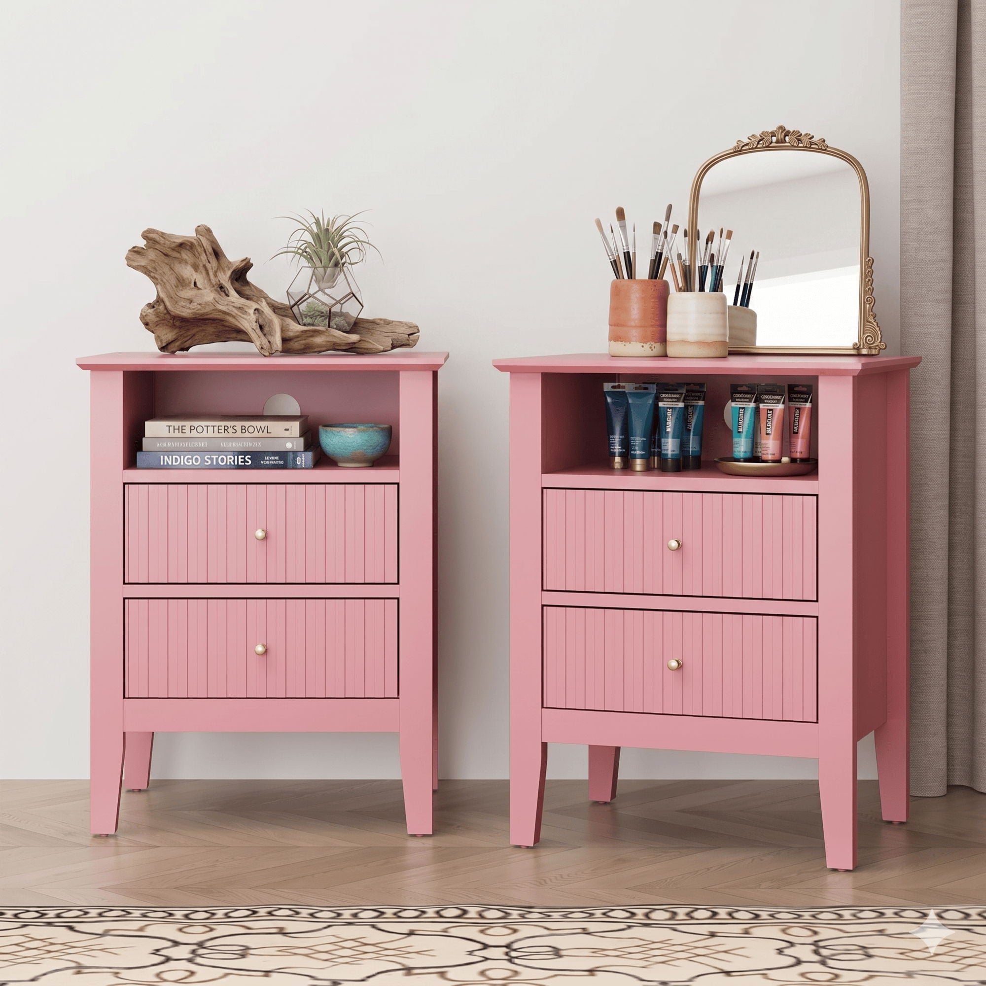Fluted Nightstand With 2 Drawers