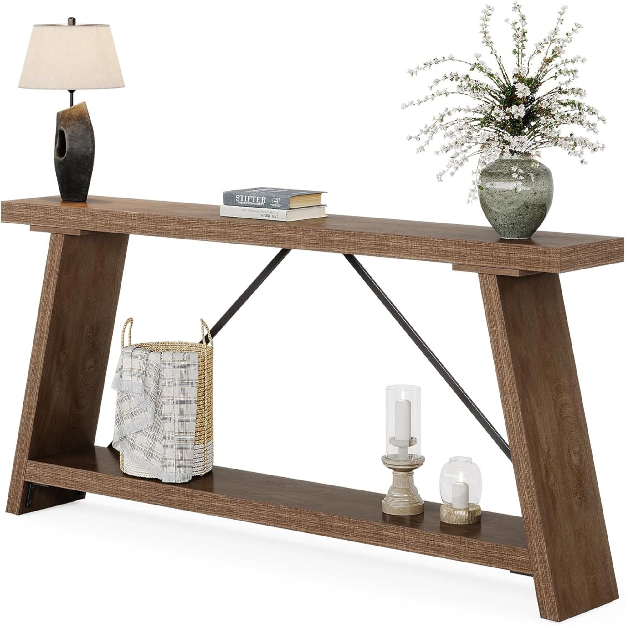 Console Table Extra Long Sofa Table With 2 Tier Shelves For Living Room