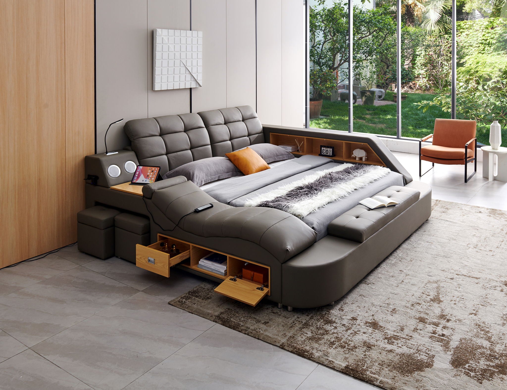Multifunctional Upholstered Storage Bed Frame, Massage Chaise Lounge On Left