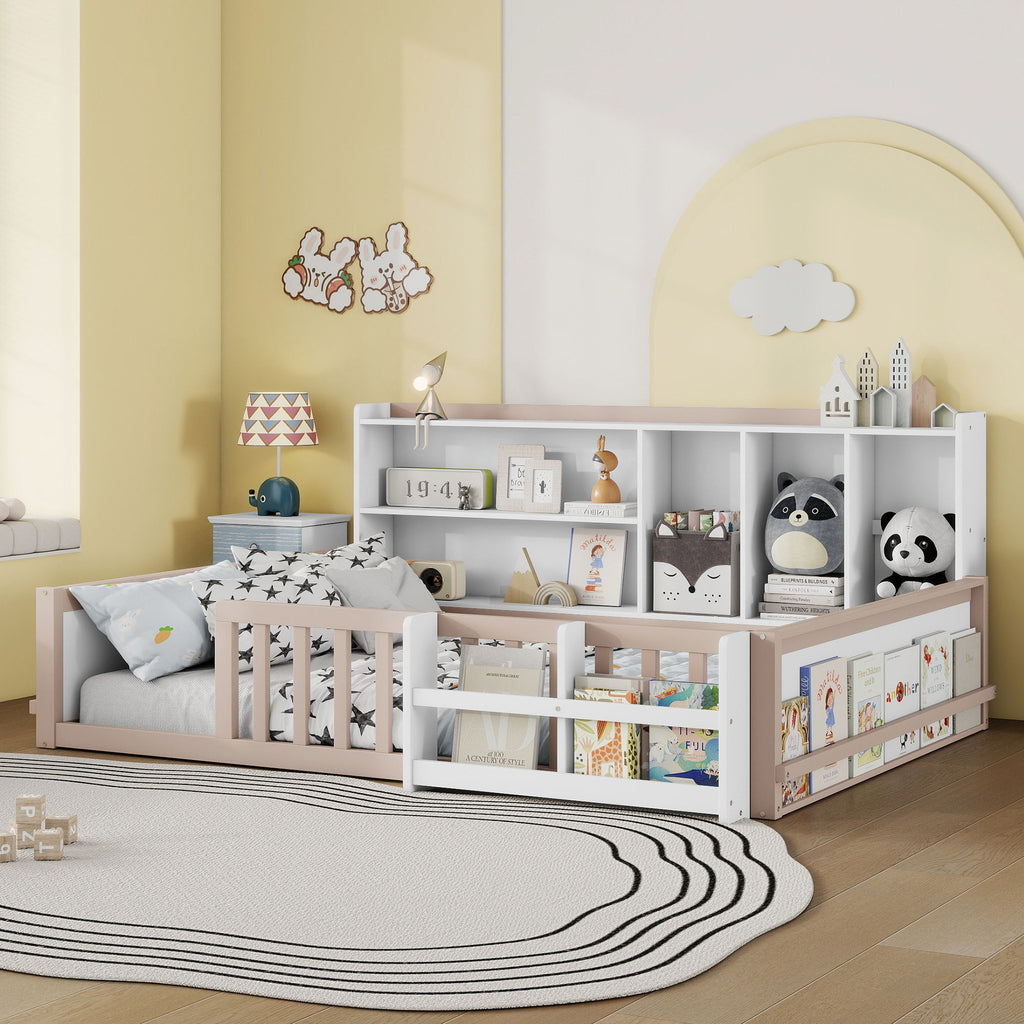 Platform Bed Frame With Guardrail, Storage Shelves & Bookshelf