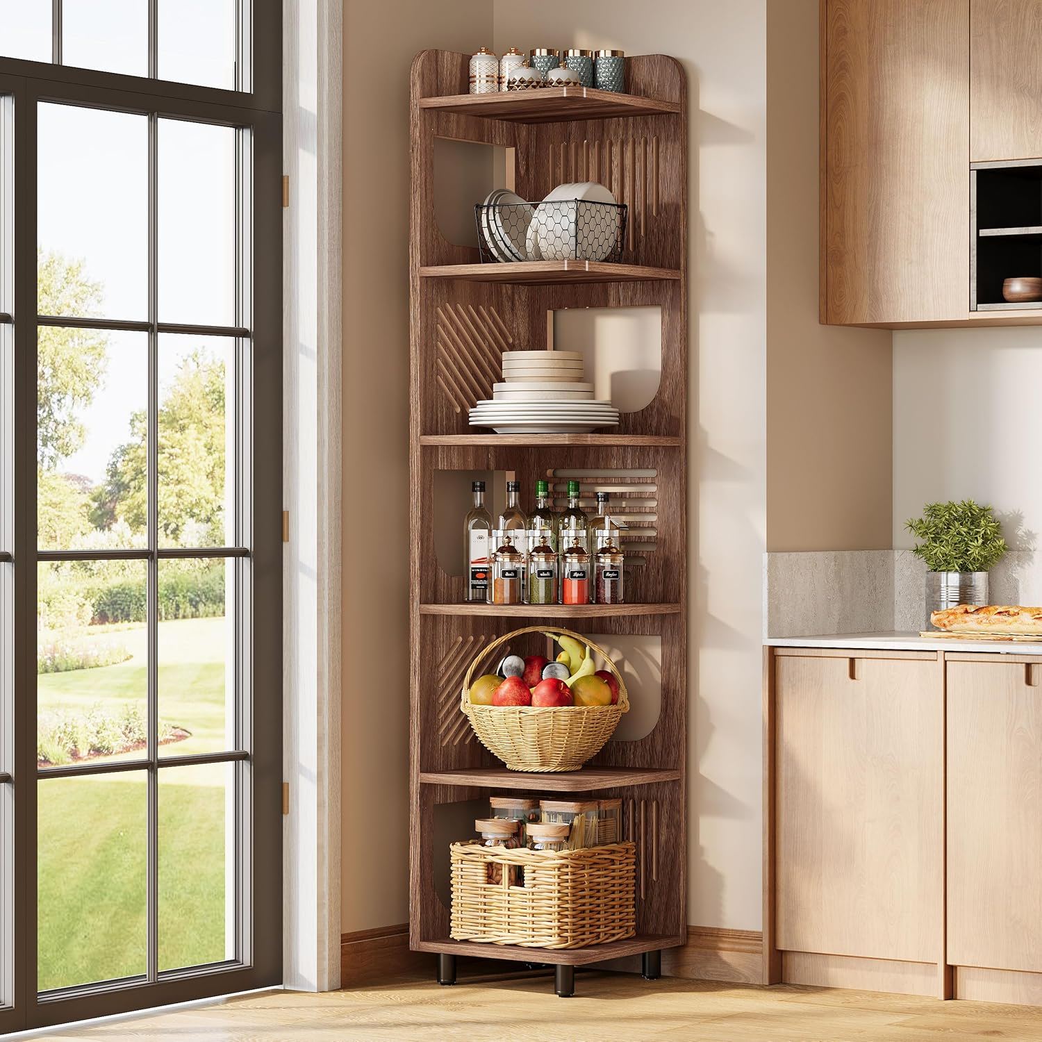 6 Tier Narrow Corner Bookshelf Storage For Living Room - Brown