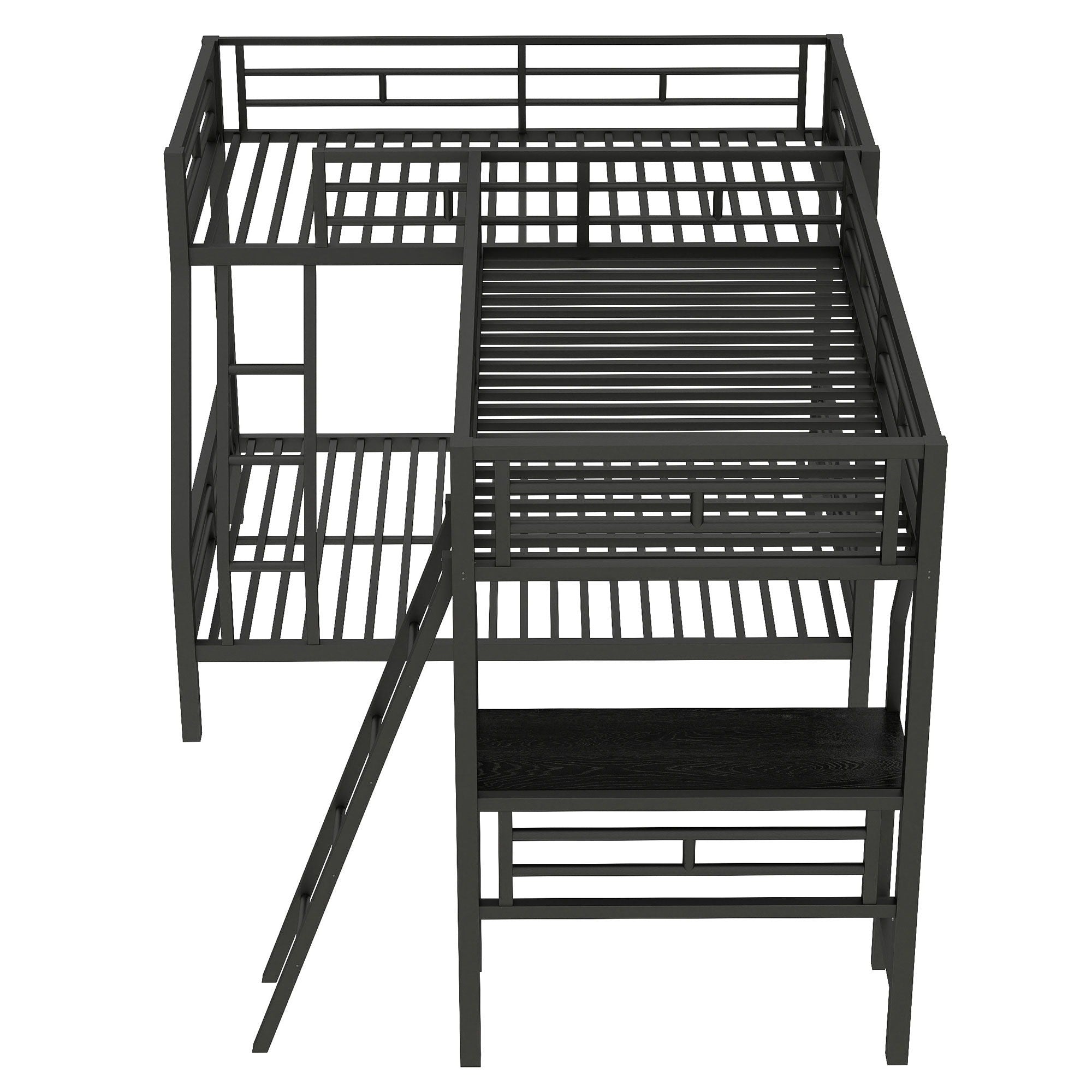 Twin Over Full Bunk Bed With Loft And Desk, L-Shaped Design For 3 Sleepers - Black
