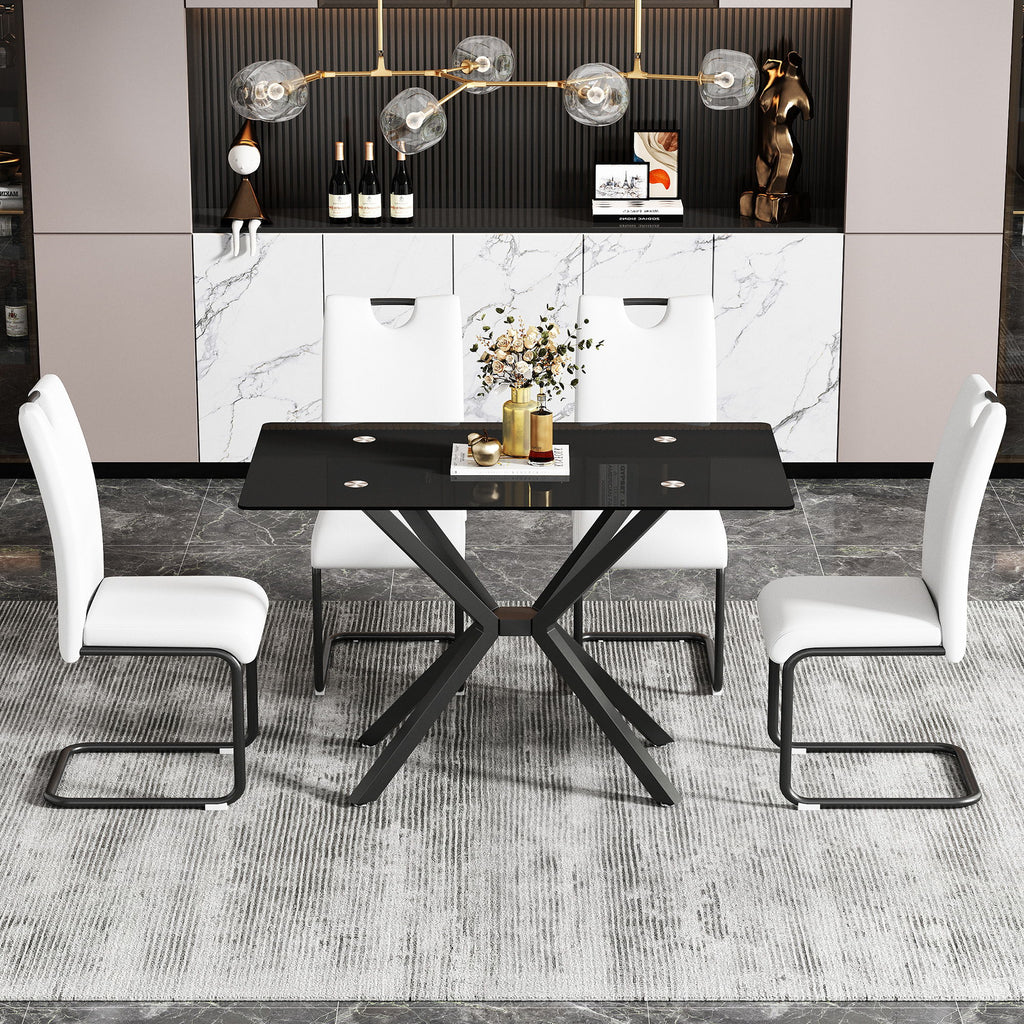 Rectangular Black Tempered Glass Dining Table, Stylish Design & Chrome Plated Metal Legs, Dining Table For Dining Room - Black