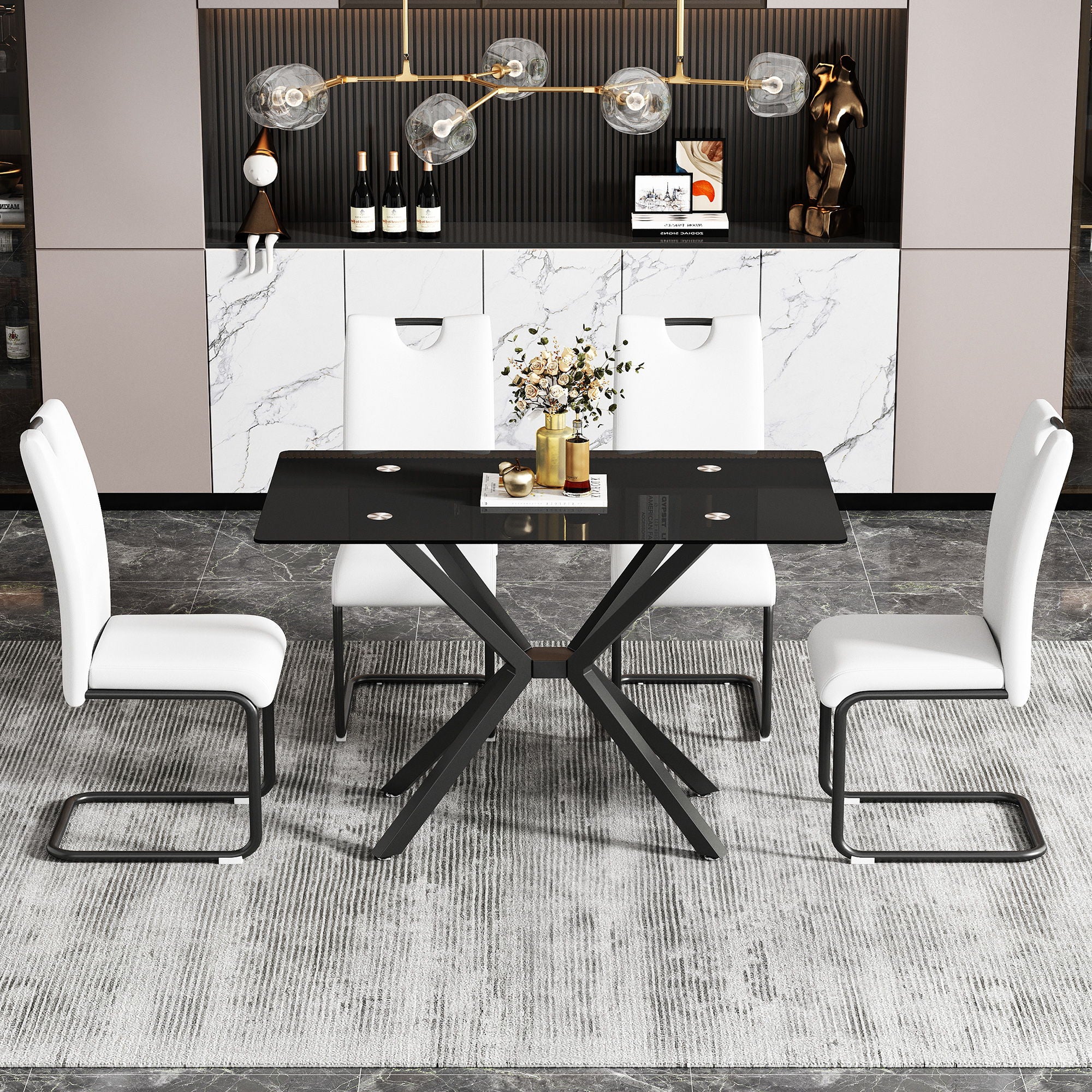 Rectangular Black Tempered Glass Dining Table, Stylish Design & Chrome Plated Metal Legs, Dining Table For Dining Room - Black