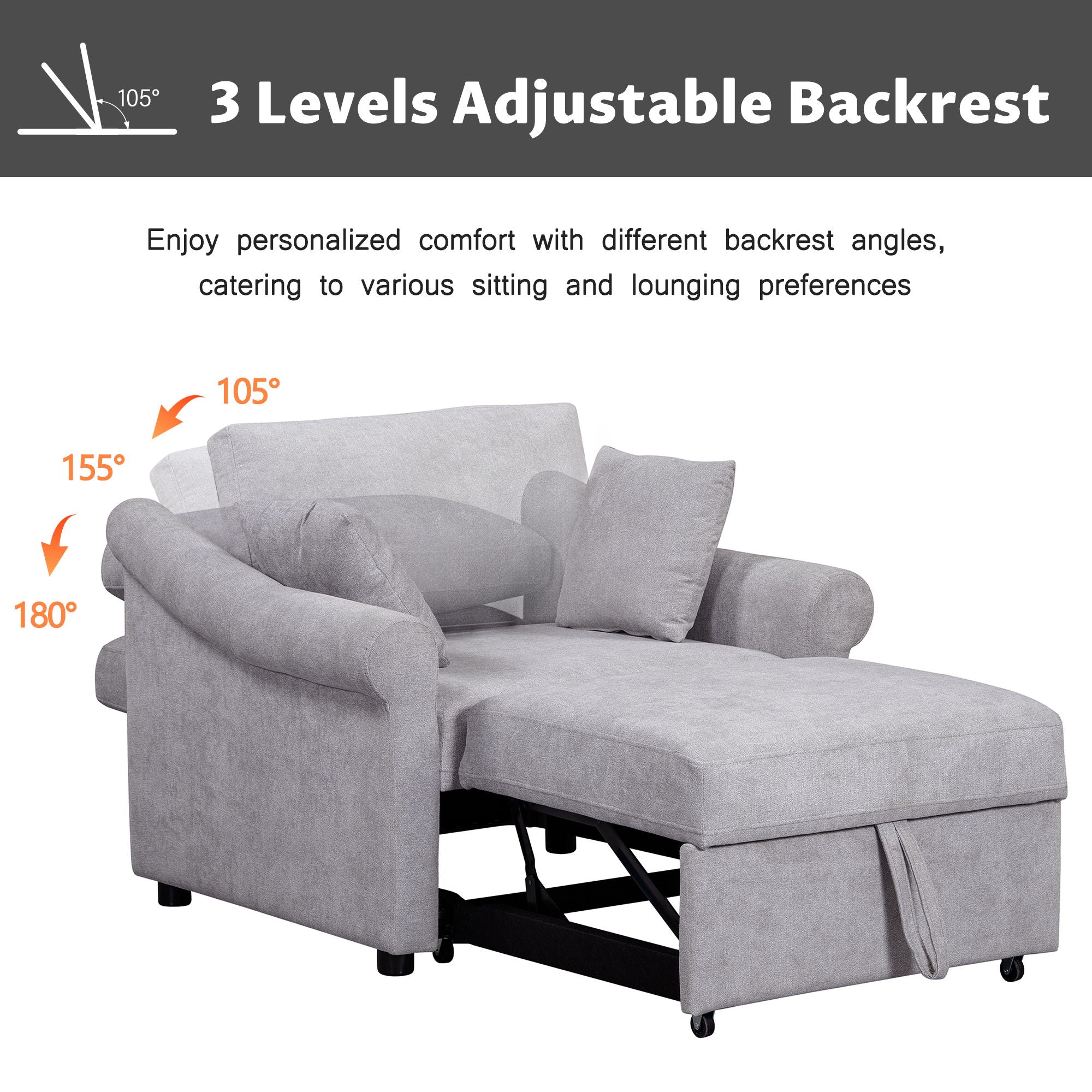 Convertible Sleeper Chair With Adjustable Backrest, 3 In 1 Lounger Chair Turns Into Bed, Single Bed For Living Room