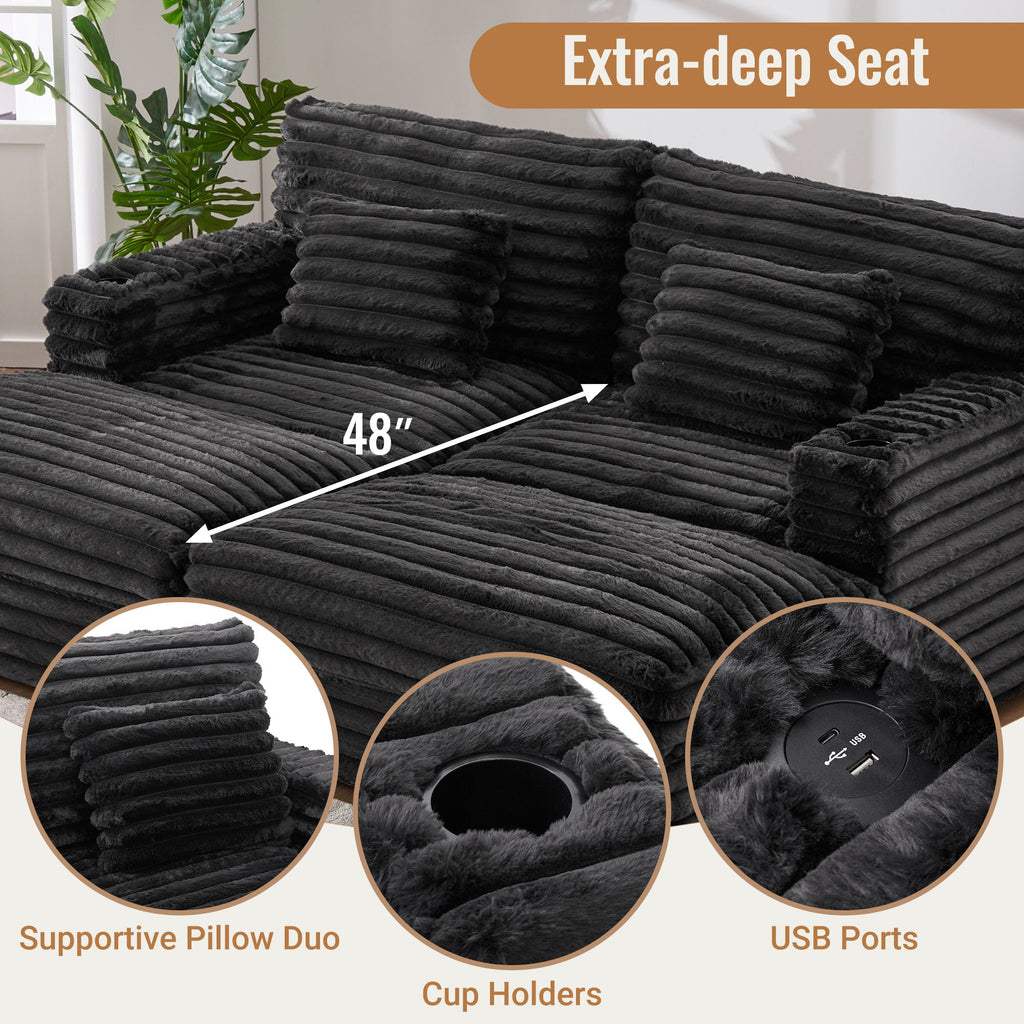 Oversized Double Chaise Lounge Sofa With USB Ports And Cup Holders