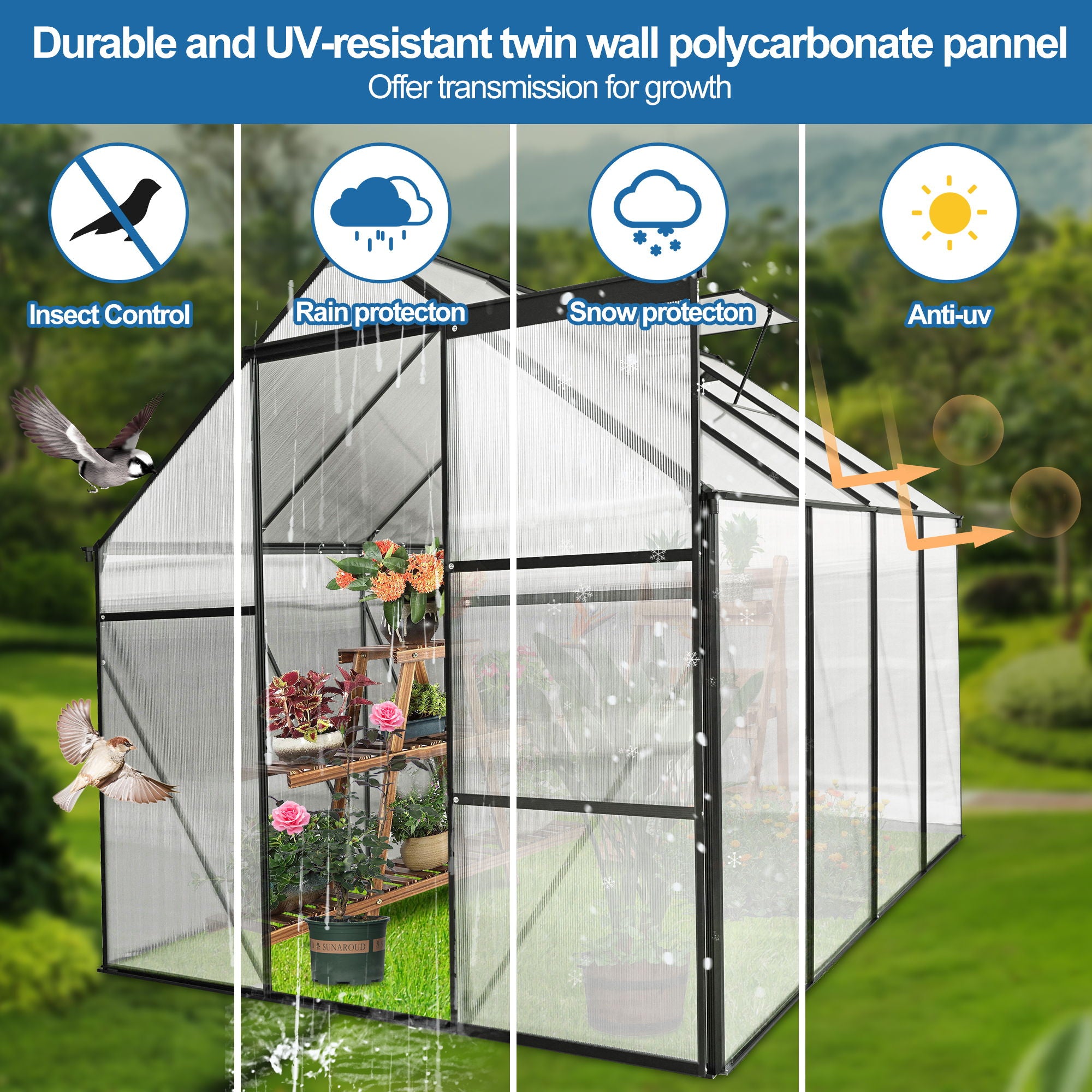 Polycarbonate house Raised Base And Anchor Aluminum Heavy Duty Walk-In houses For Outdoor Backyard In All Season