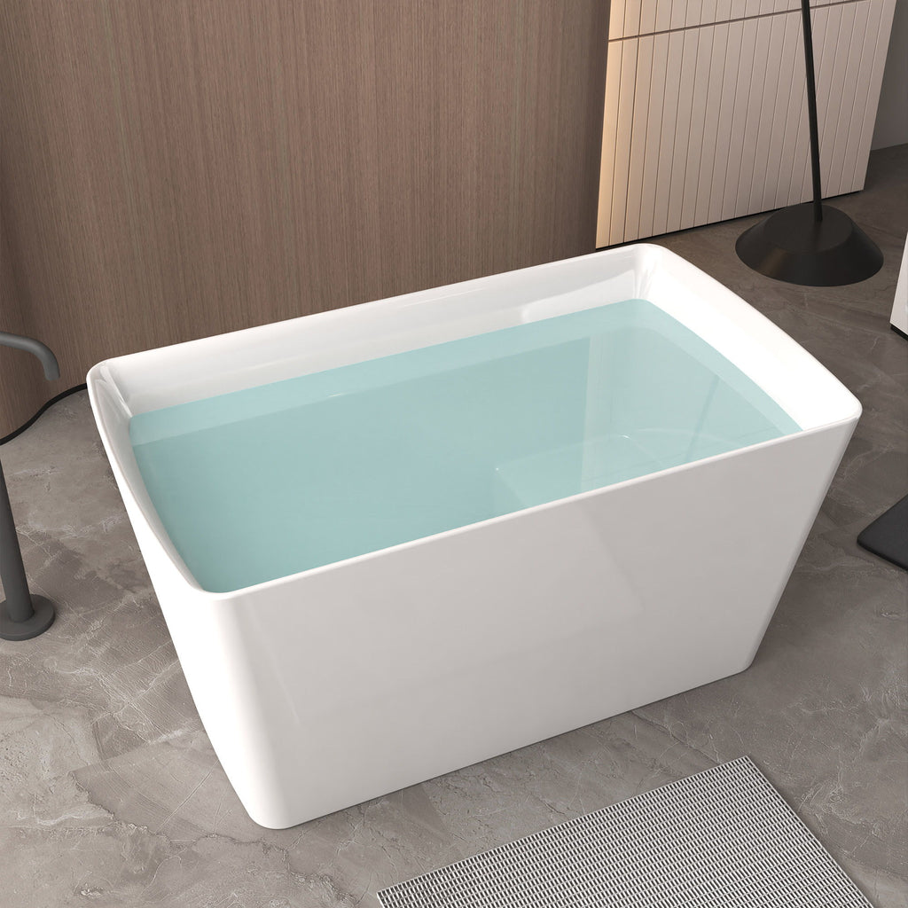 Freestanding Bathtub With Built In Seat, Rectangle Shape, Invisible Overflow & Pop Up Drain - Gloss White