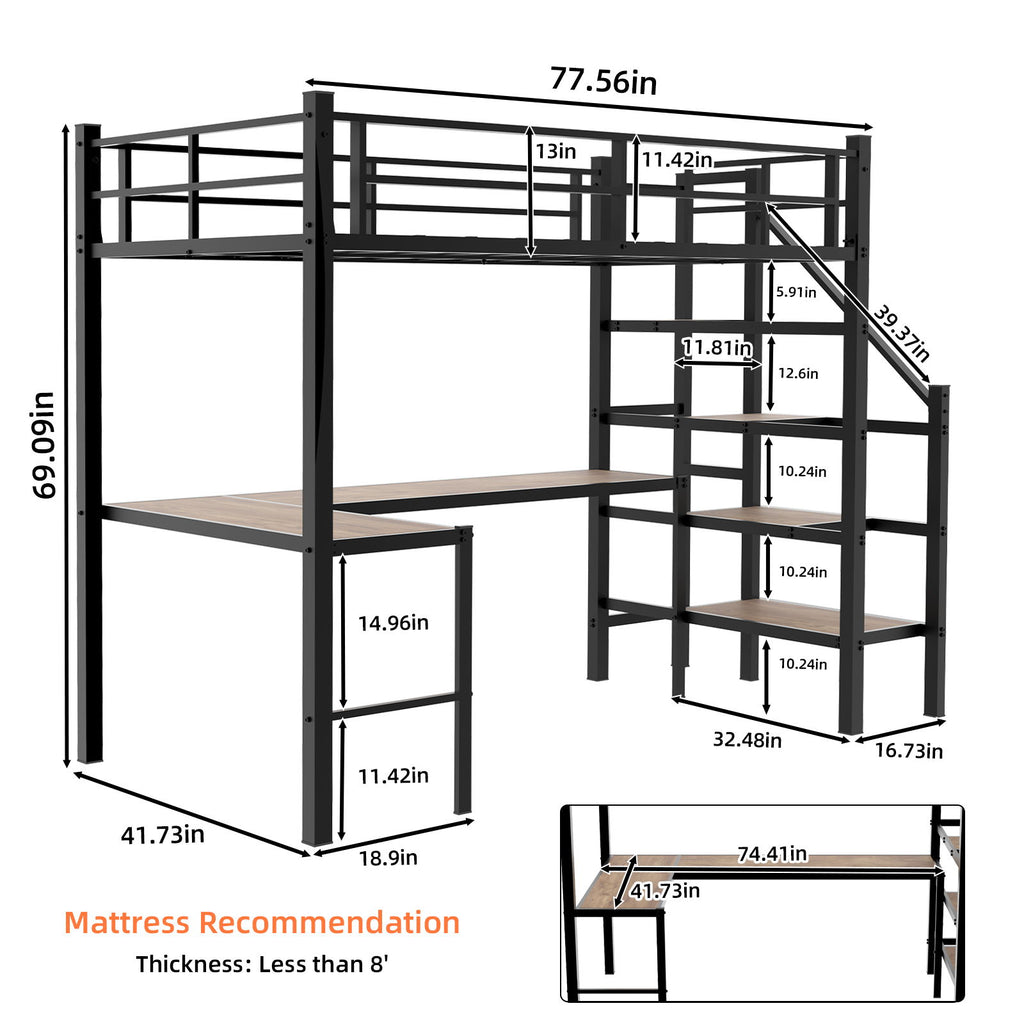 Loft Bed & L-Shaped Desk, Large Storage Space