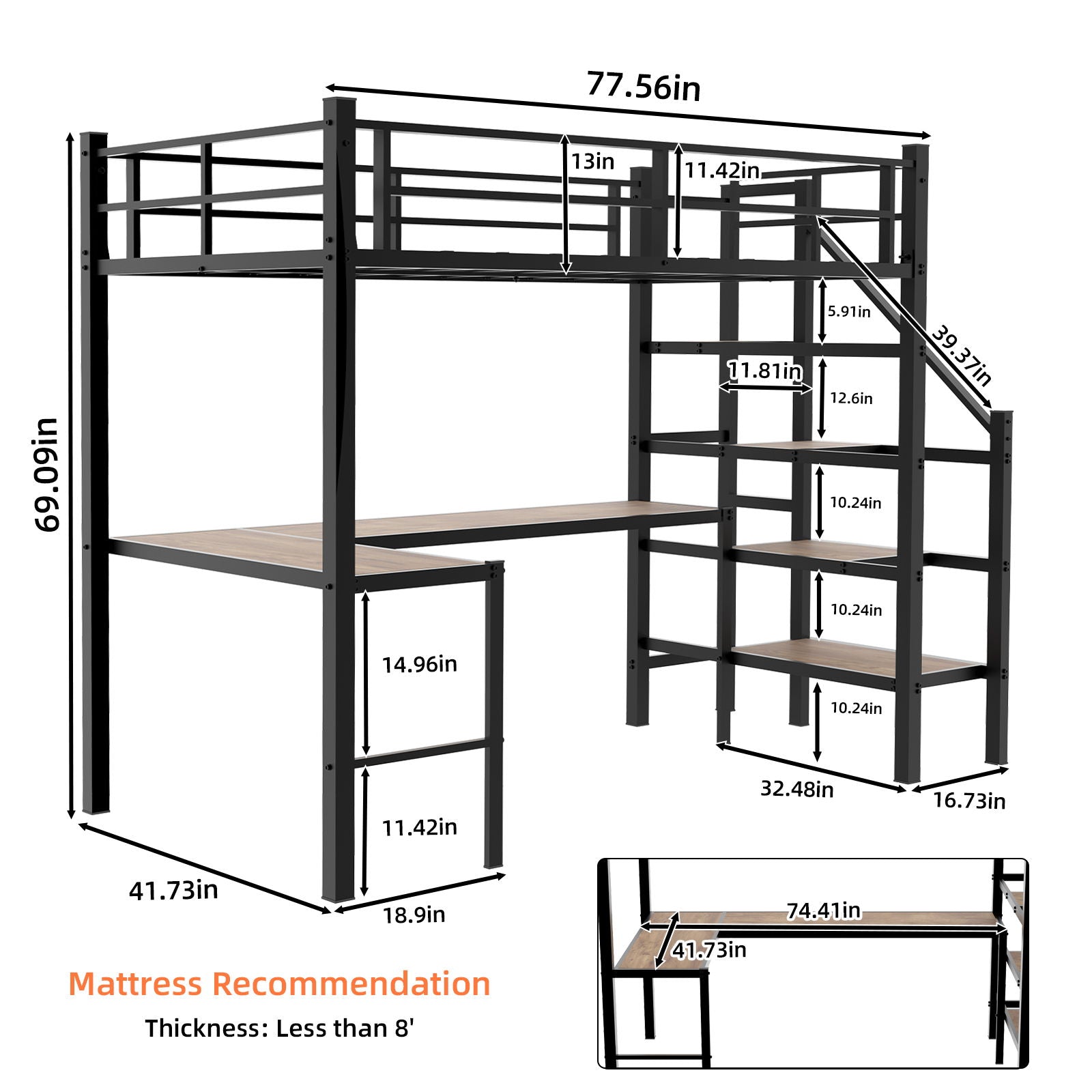 Loft Bed & L-Shaped Desk, Large Storage Space
