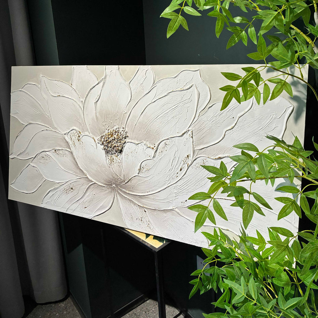 Lotus Flower Canvas Wall Art, Hand Painted Textured Floral Painting - Antique White